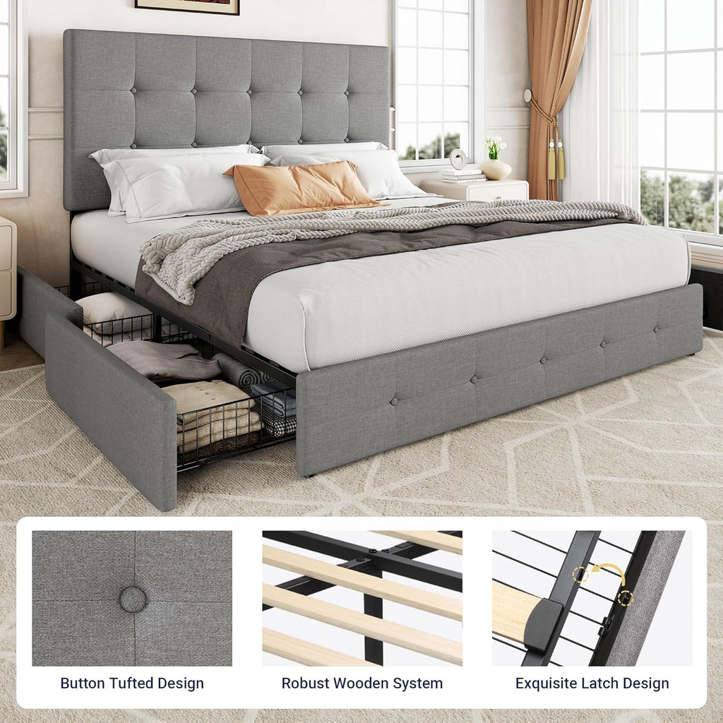 Allewie Upholstered Queen Size Platform Bed Frame with 4 Storage Drawers and Headboard wourant