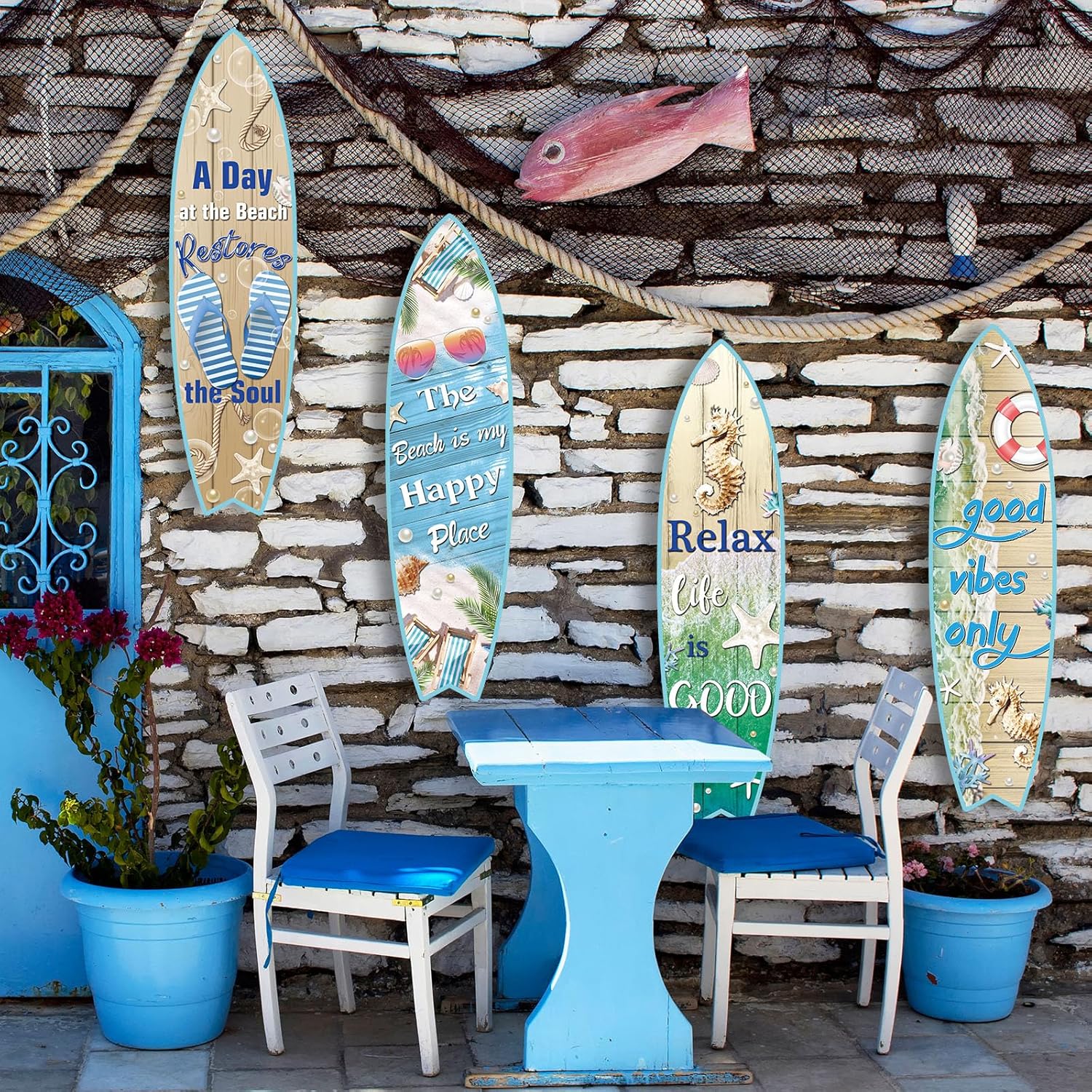Blulu 4 Pcs Surfboard Wall Decor Surfboard Wall Hanging Sign Wooden Beach Decoration Summer Theme Decor Hawaiian Luau Party Decoration for Home Bar Aloha Tropical Birthday Party(Tiki) wourant