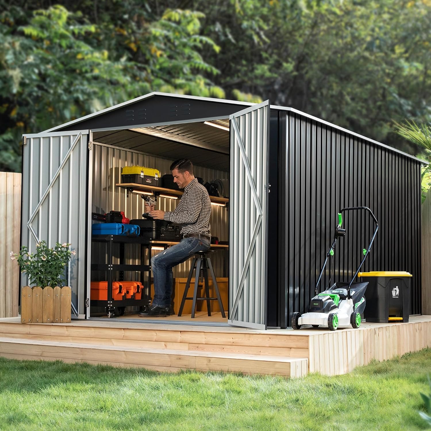 Polar Aurora 8 x 12 FT Outdoor Storage Shed, Metal Garden Shed with Updated Frame Structure, Tool Sheds for Backyard Garden Patio Lawn Black wourant