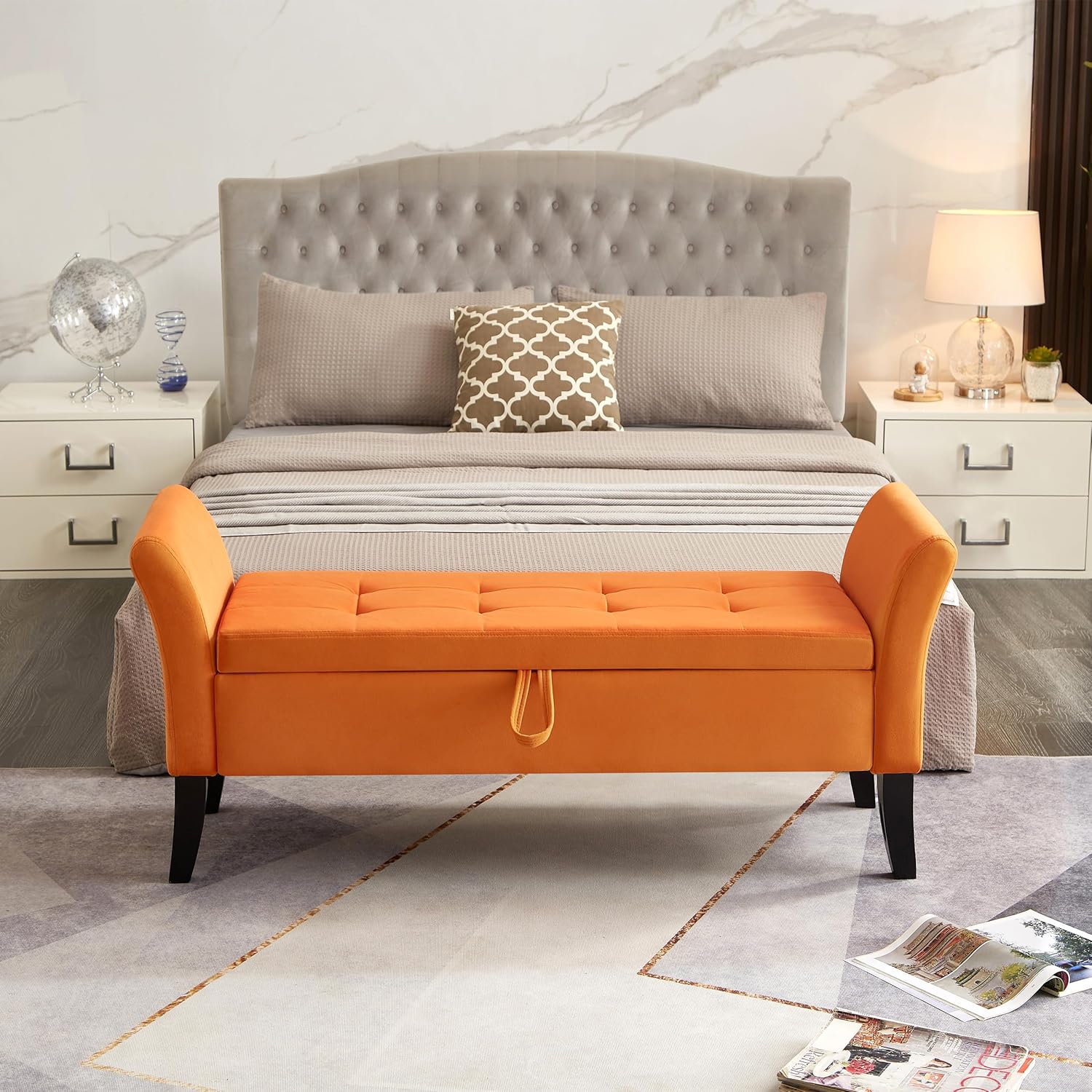 Furniliving Modern Storage Ottoman Bench, Sherpa Ottoman End of Bed Bench with Solid Wood Legs Upholstered Ottoman Benches with Storage Indoor Bench wourant