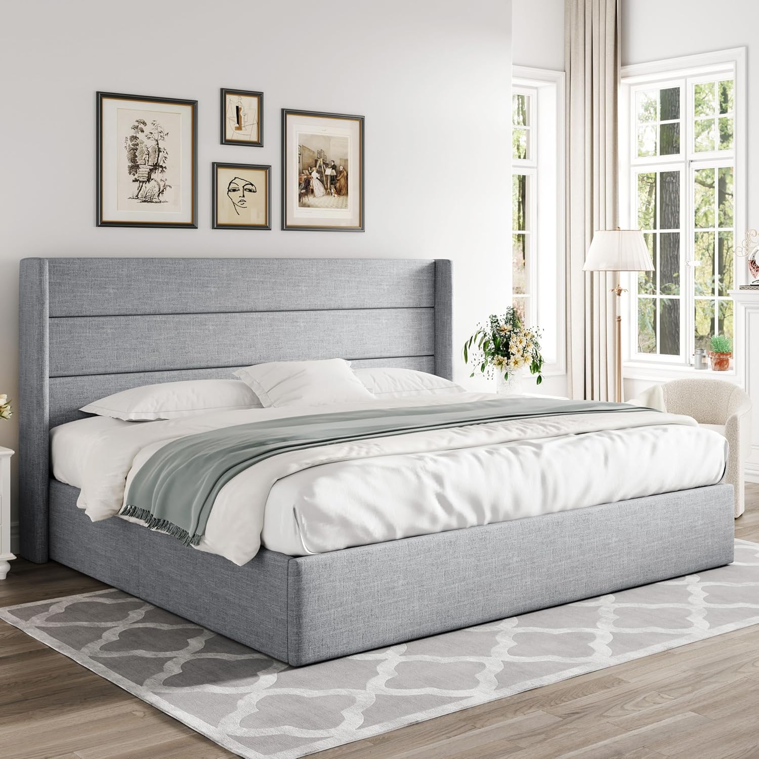 Allewie Queen Size Lift Up Storage Bed Modern Wingback Headboard Hydraulic Support wourant