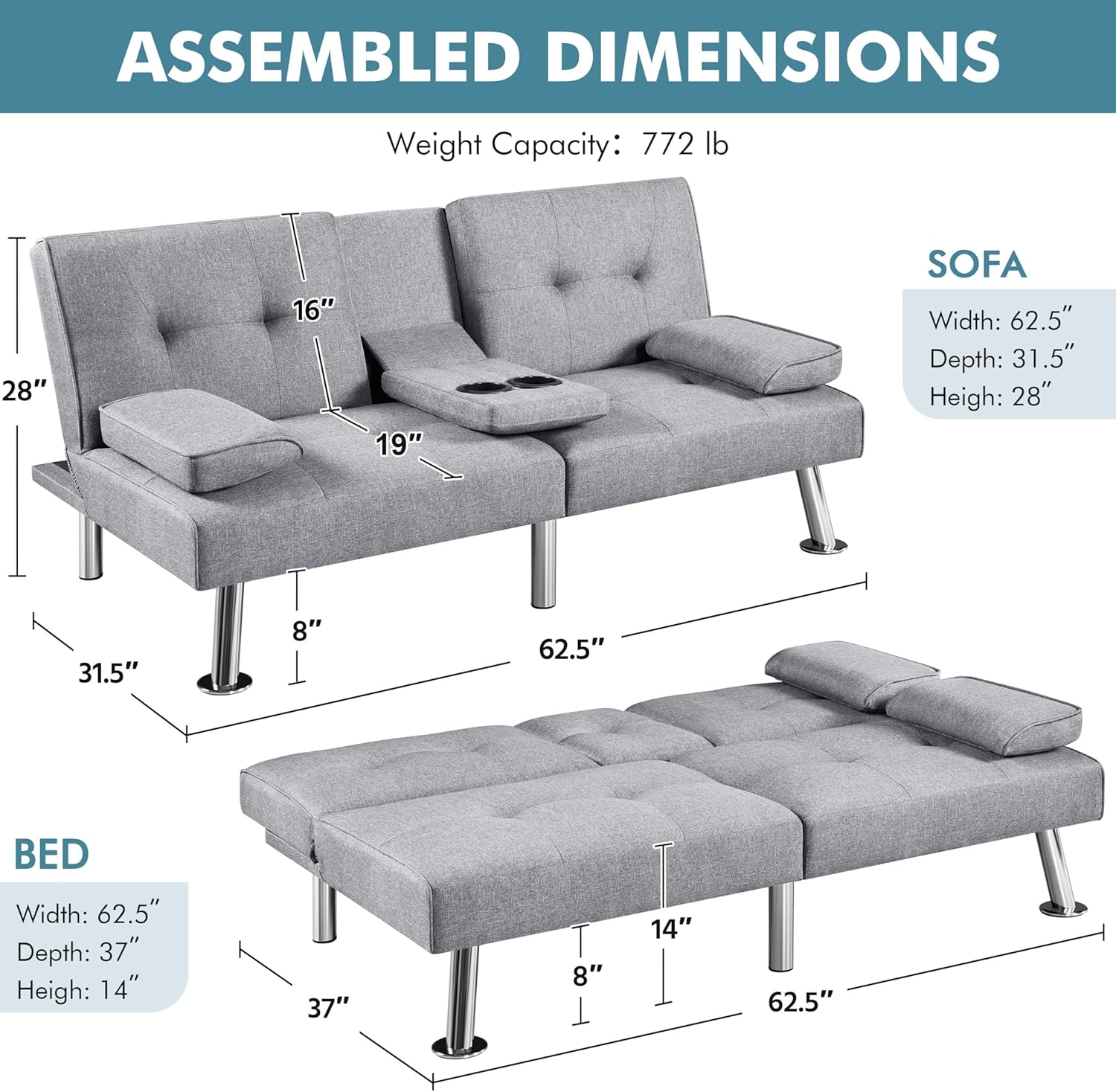 Yaheetech Convertible Sofa Bed Adjustable Couch Sleeper Modern Faux Leather Home Recliner Reversible Loveseat Folding Daybed Guest Bed, Removable Armrests, Cup Holders, 3 Angles, 772lb Capacity, Brown wourant