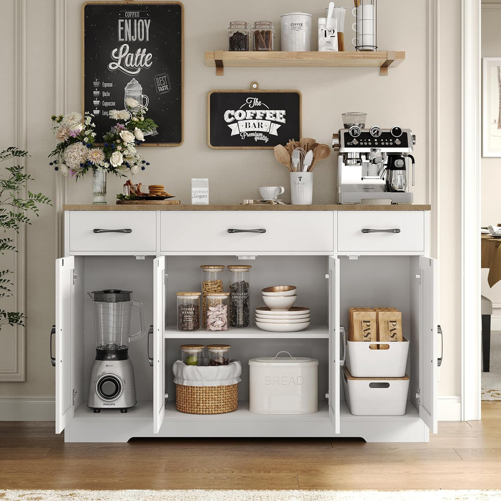 Sideboard with drawers, large 55-inch sideboard, sideboard storage with shelves and doors, modern farmhouse coffee bar wood kitchen dining table wourant