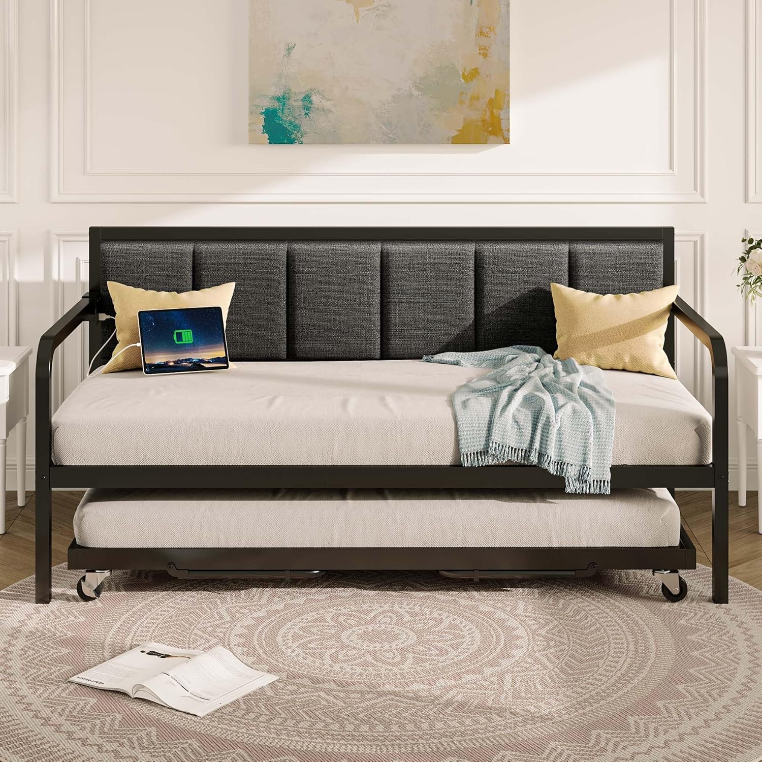 Rolanstar Daybed with Charging Station and LED Lights, Height Adjustable Twin Daybed with Trundle, Metal Sofa Bed Frame with Steel Slat Support wourant