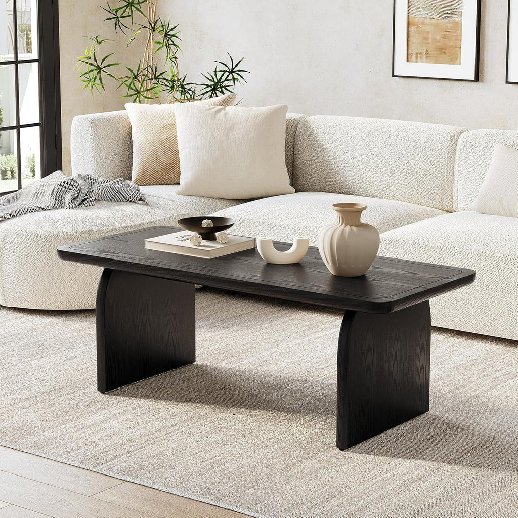 LITTLE TREE Farmhouse Coffee Table, 47 Inch Round Corner Wood Center Table, Rectangular Living Room Table, Modern Low Cocktail Tea Set wourant