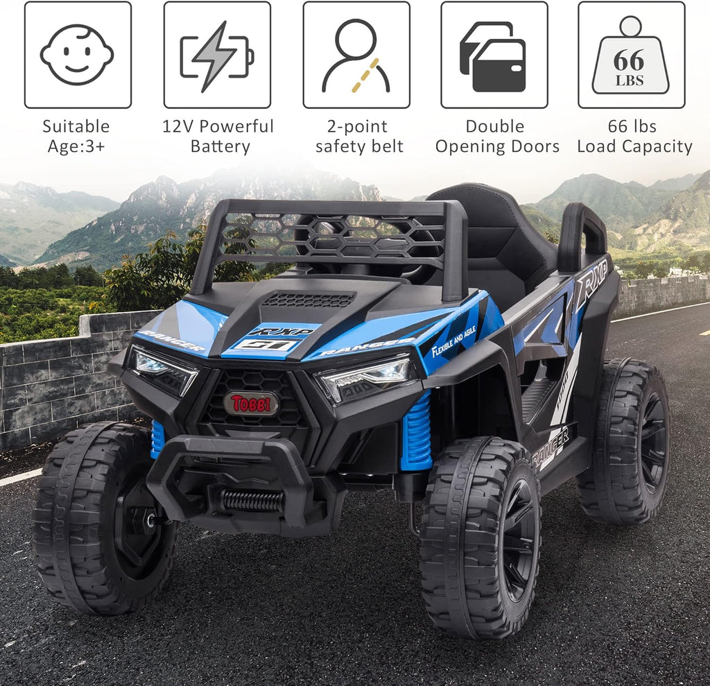 TOBBI 12V Kids Ride on Car, Electric Off-Road UTV Truck with Diverse Functions, Double Open Doors, Safety Belt, Horn, Music, and Lights for Kids Aged 3-5 Years (Rose Red) wourant