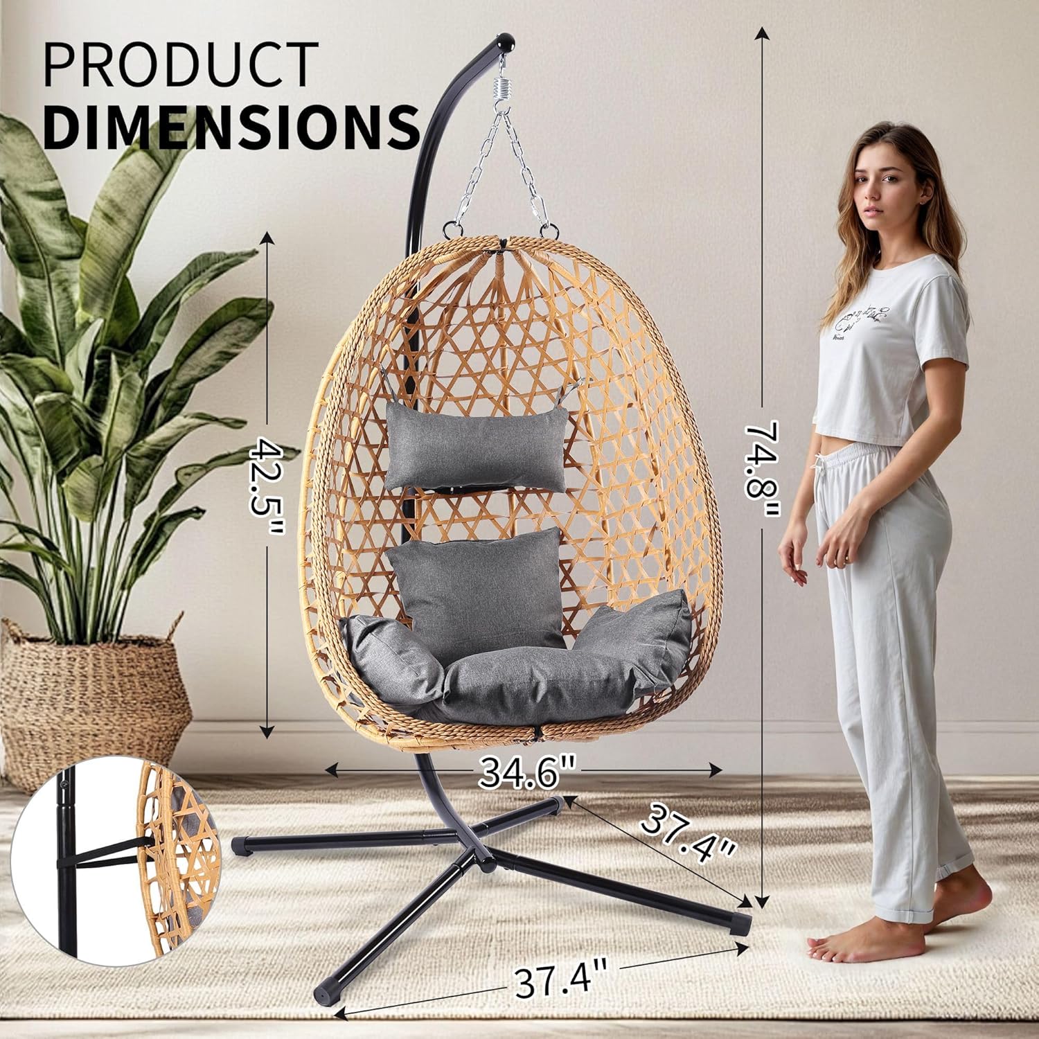 Egg Chair with Stand Patio Wicker Hanging Chair Hammock Swing Chair 350LBS Capacity wourant