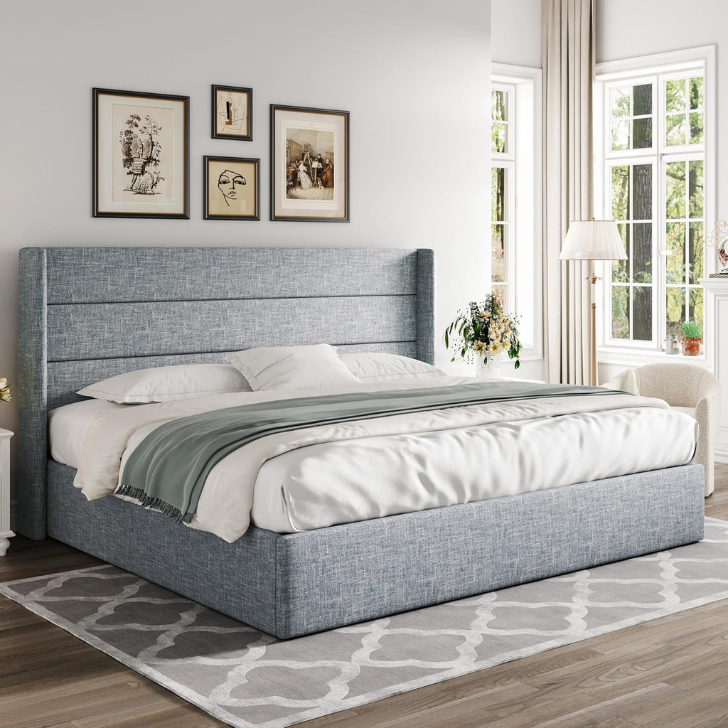 Allewie Queen Size Lift Up Storage Bed Modern Wingback Headboard Hydraulic Support wourant