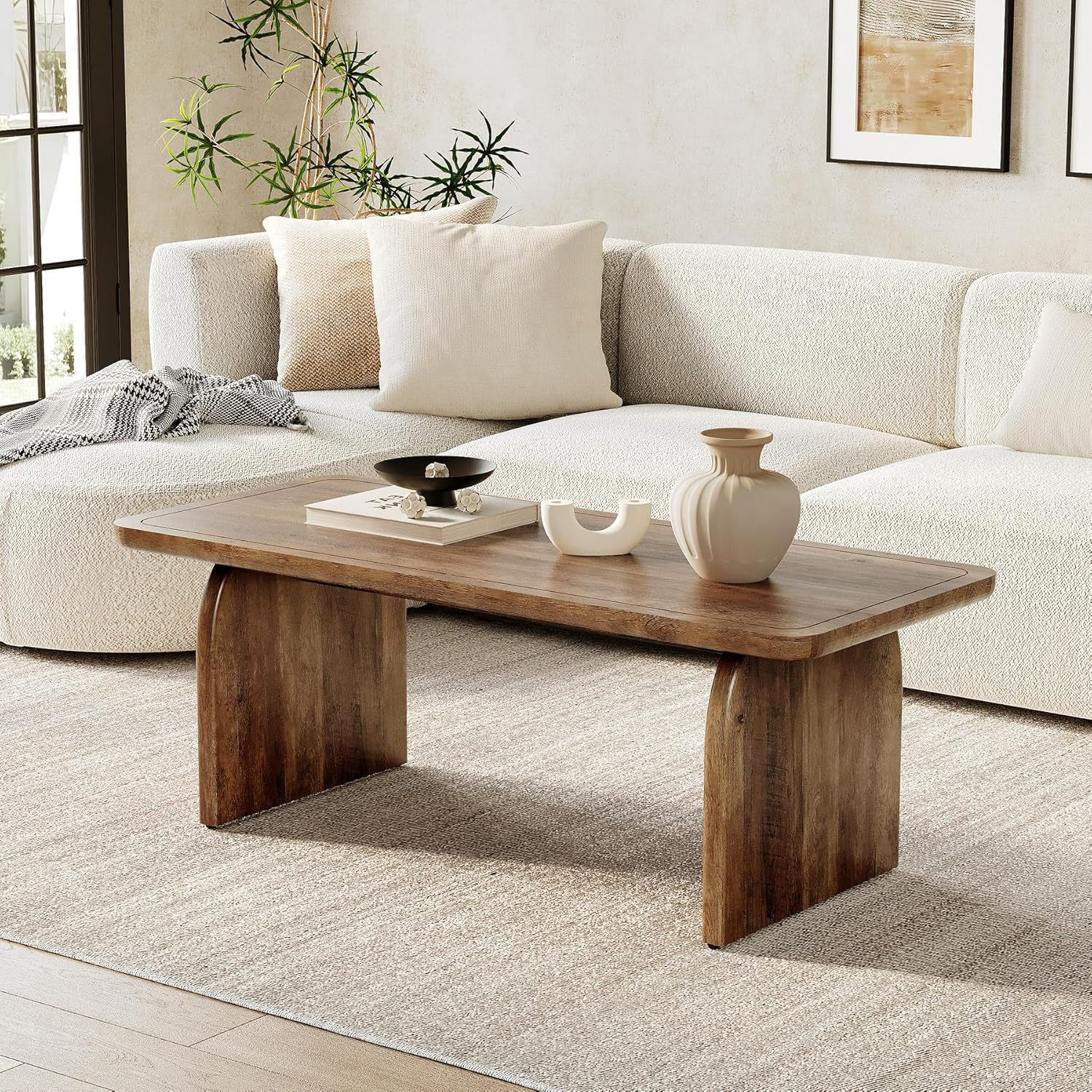 LITTLE TREE Farmhouse Coffee Table, 47 Inch Round Corner Wood Center Table, Rectangular Living Room Table, Modern Low Cocktail Tea Set wourant