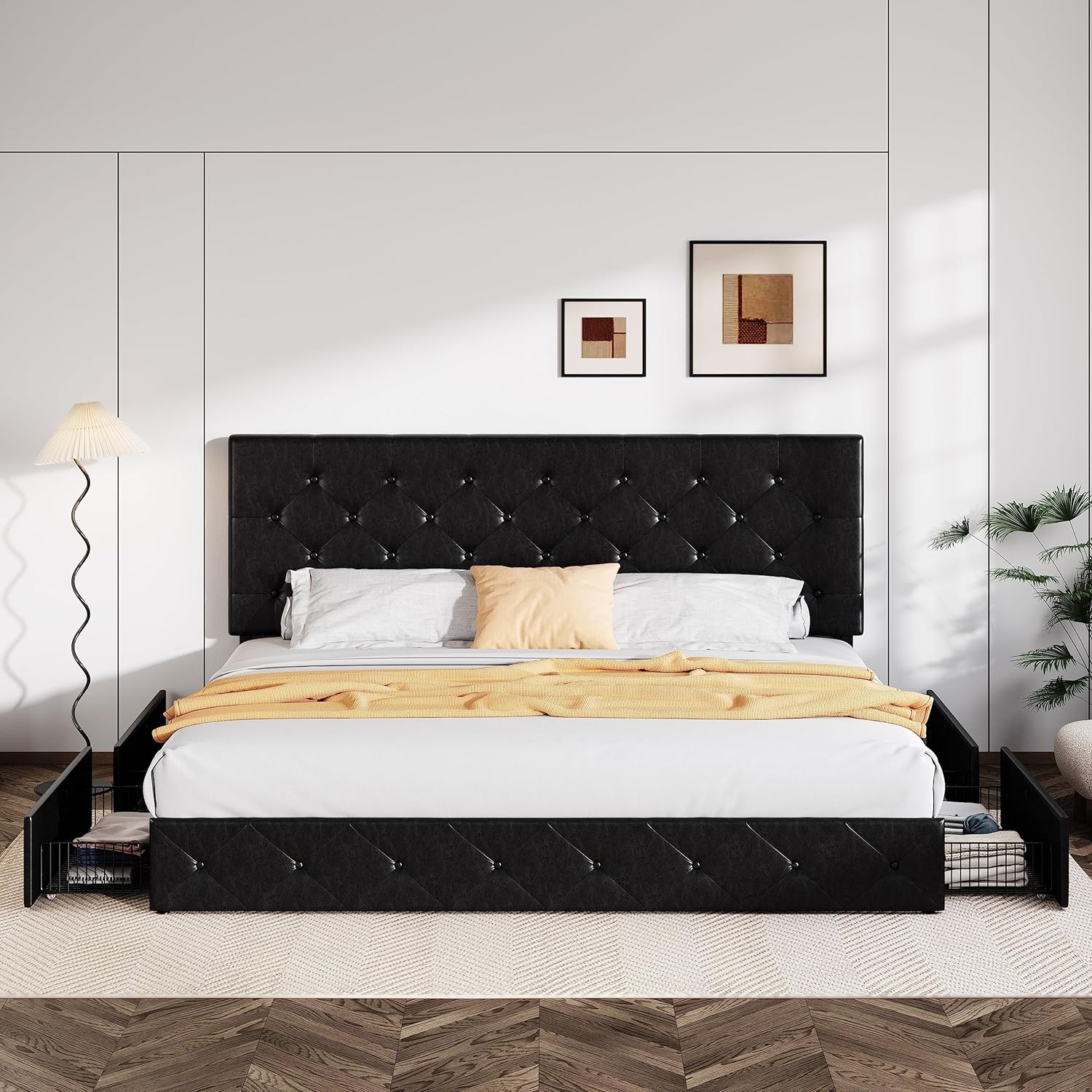 Allewie Upholstered Queen Size Platform Bed Frame with 4 Storage Drawers and Headboard wourant
