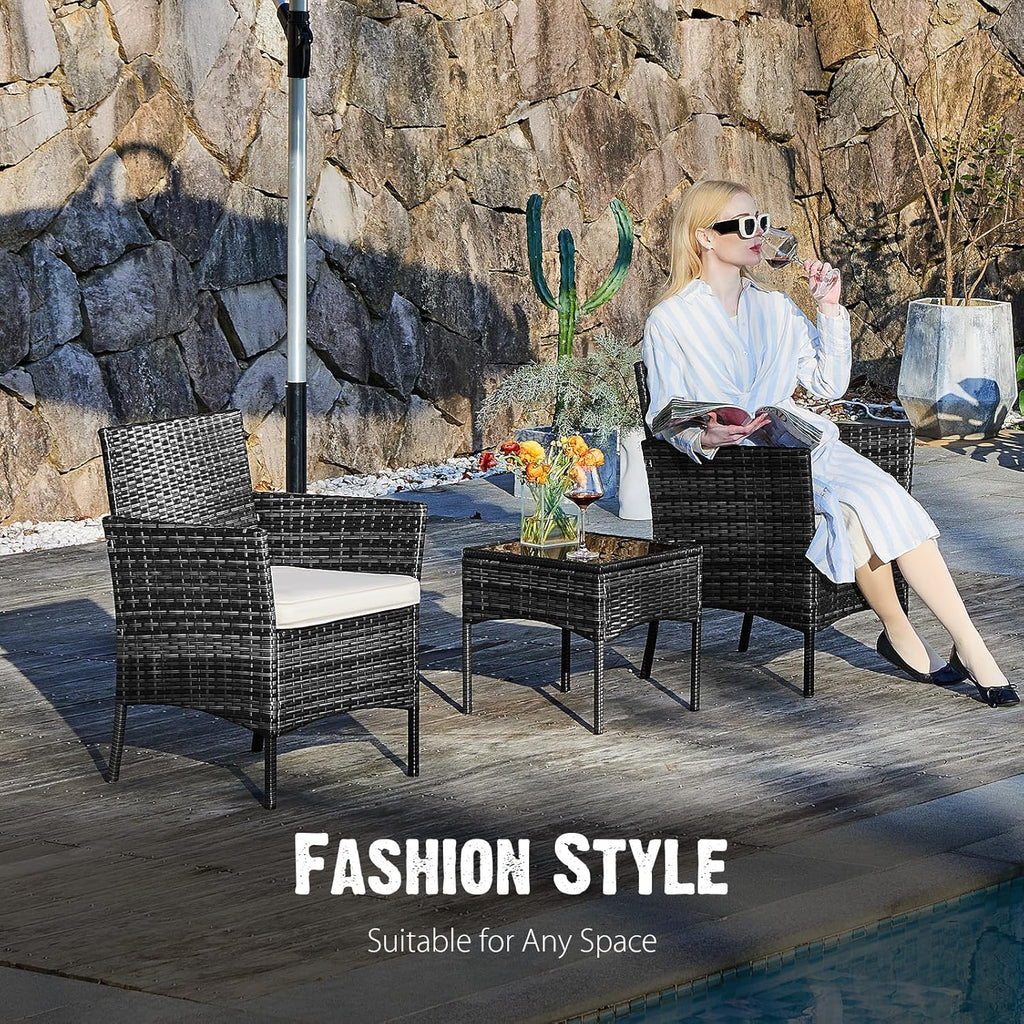 Sweetcripy Patio Furniture Set 3 Pieces, Outdoor Furniture with Soft Cushion and Glass Table, All Weather Manual Weaving Wicker Rattan Patio Chairs for Garden, Terrace, Porch(Black and Beige) wourant
