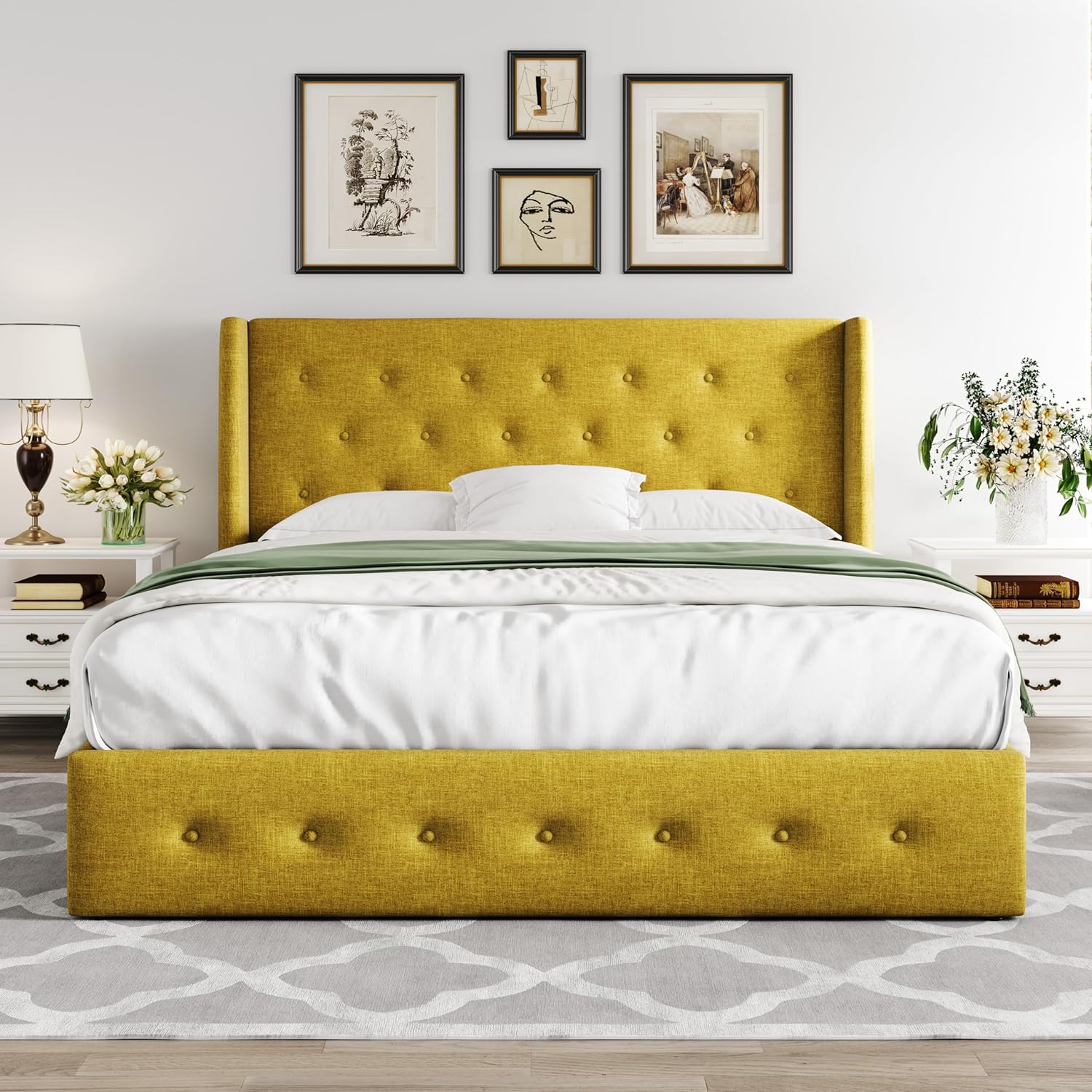Allewie Queen Size Lift Up Storage Bed Modern Wingback Headboard Hydraulic Support wourant