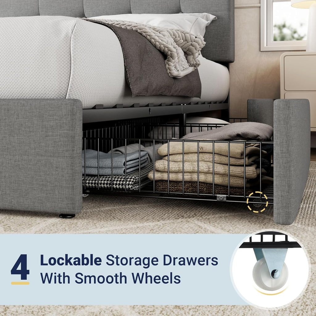 Allewie Upholstered Queen Size Platform Bed Frame with 4 Storage Drawers and Headboard wourant
