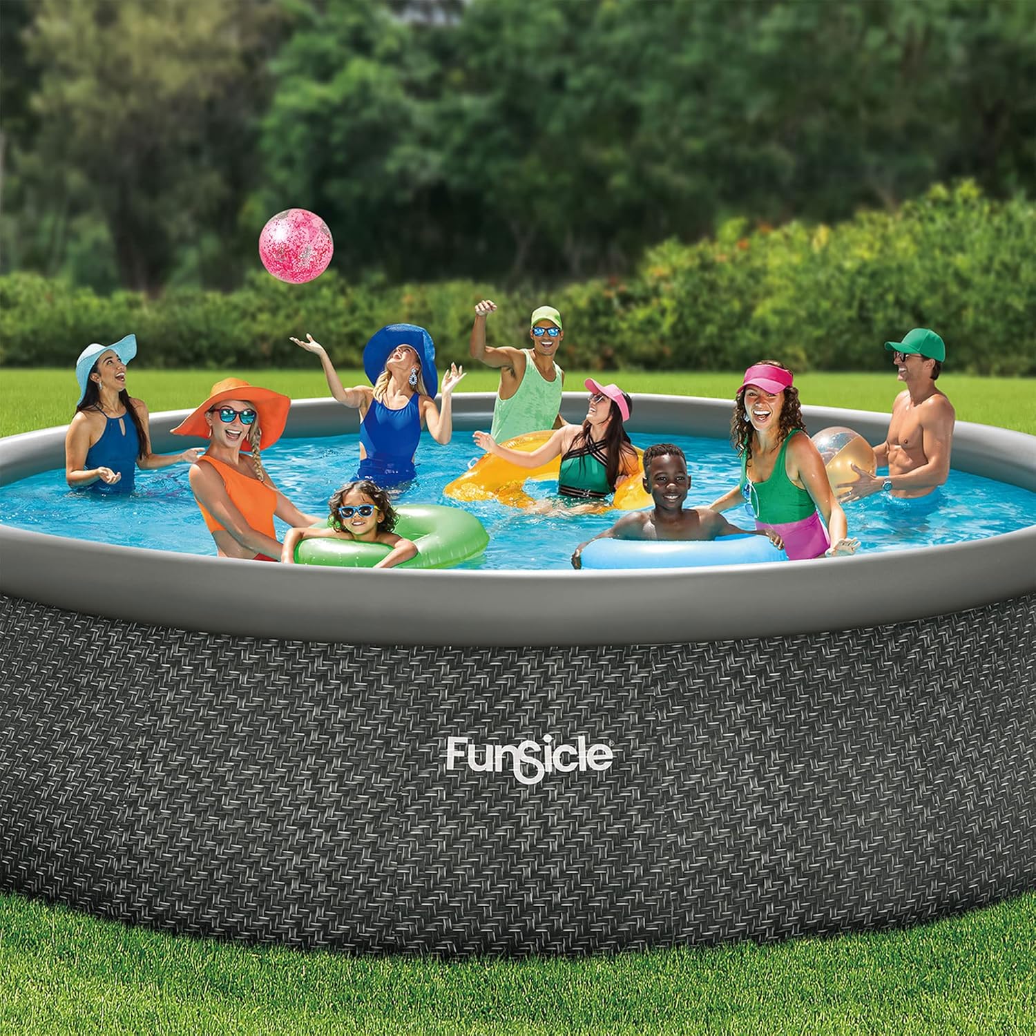 Funsicle 12 Foot by 36 Inch Quickset Round Inflatable Ring Top Outdoor Above Ground Swimming Pool Set with Pump and Cartridge Filter, Dark Herringbone wourant