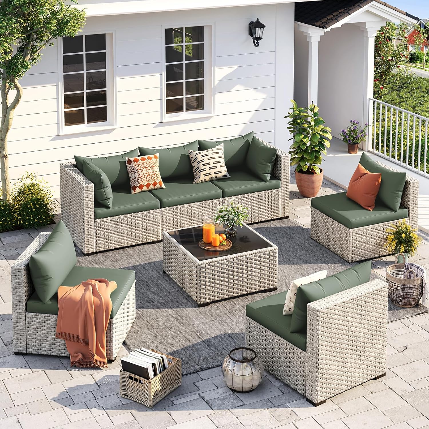 UDPATIO Outdoor Patio Furniture Set, 7-Piece PE Wicker Sectional Sofa with Tea Table, Outdoor Conversation Set wourant