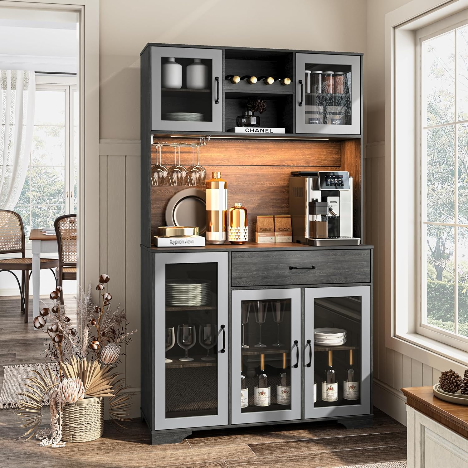 Kitchen Hutch Pantry Cabinet 71" Tall with Glass Doors wourant