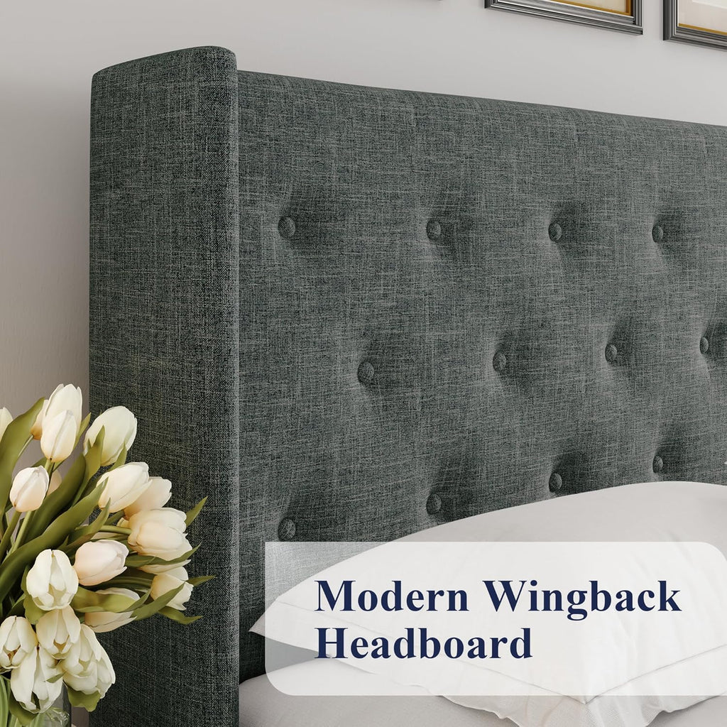 Allewie Queen Size Lift Up Storage Bed Modern Wingback Headboard Hydraulic Support wourant
