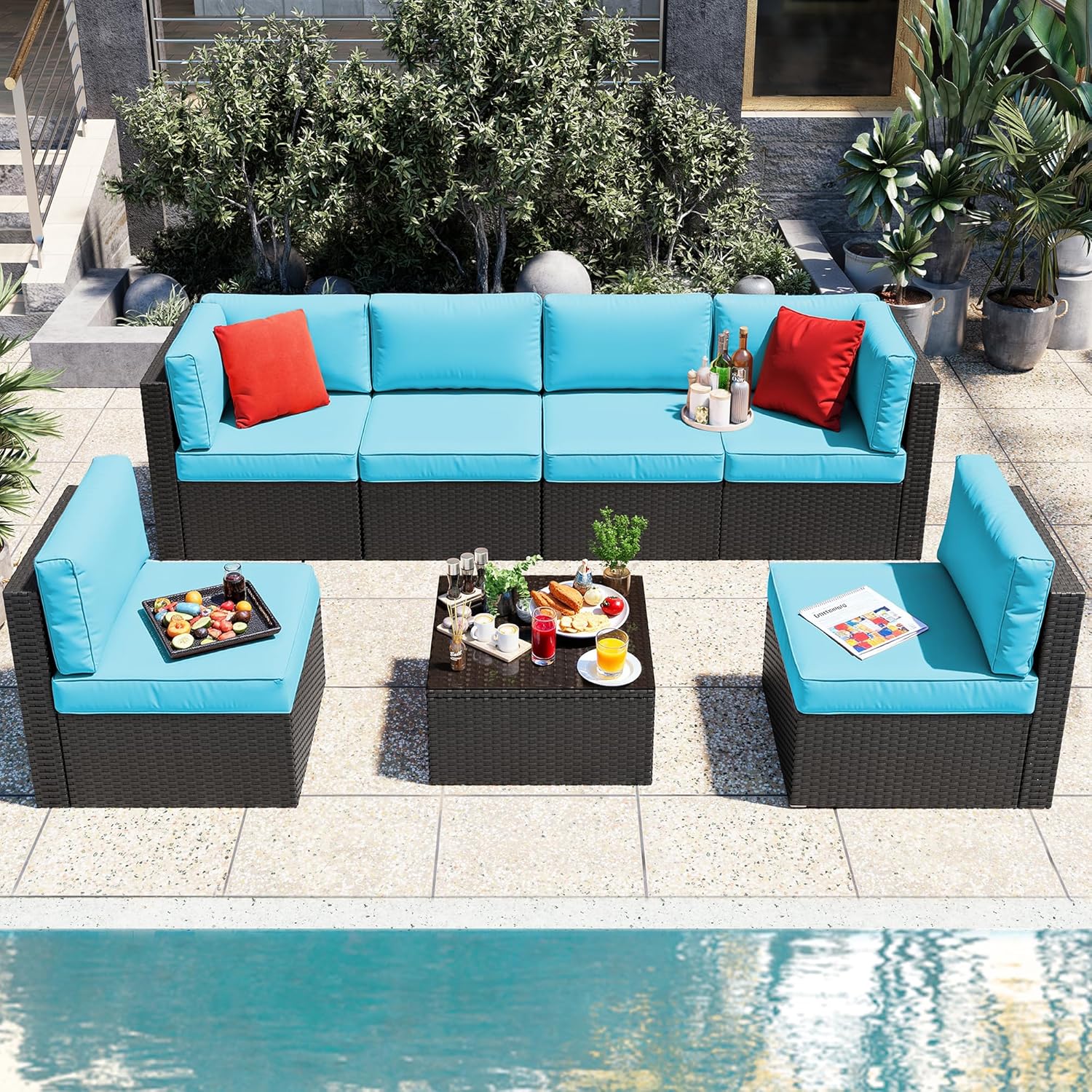 Vongrasig 5 Piece Patio Furniture Sets, Outdoor Patio Set Sectional Sofa, All-Weather PE Rattan Outdoor Couch with Ottoman, Glass Table for Garden, Backyard, Porch, Beige woonhhop