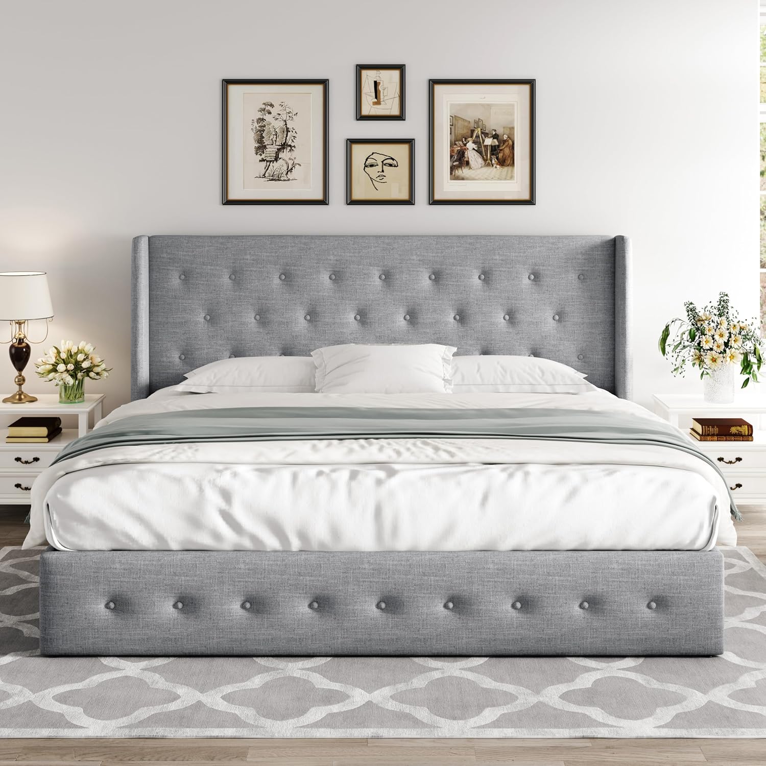 Allewie Queen Size Lift Up Storage Bed Modern Wingback Headboard Hydraulic Support wourant