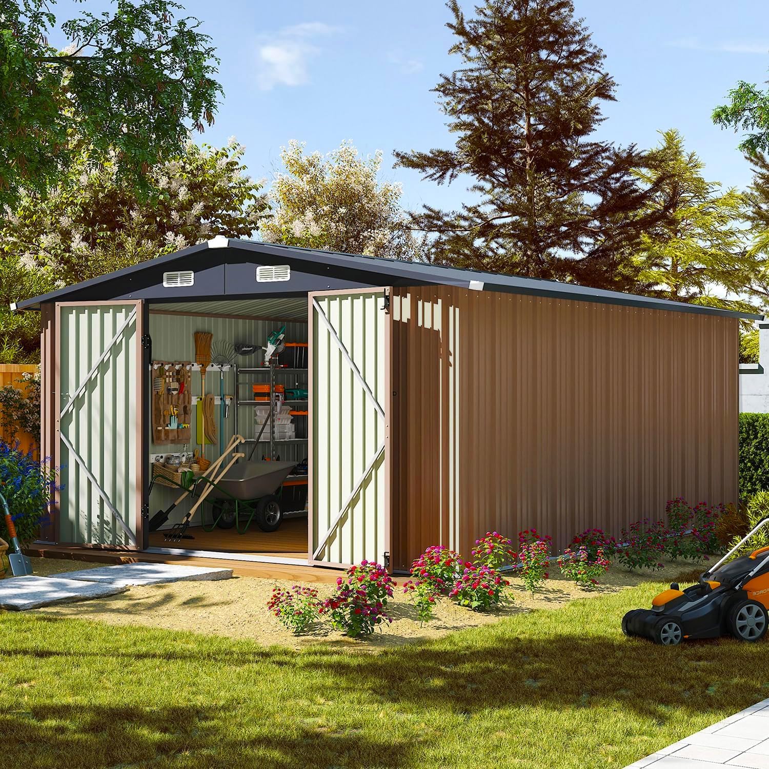 Aoxun 12x10 FT Shed Metal Outdoor Waterproof Storage Shed Steel Utility Garden Tool Shed with Door & Lock Outdoor Storage for Garden Patio Lawn Poolside, Brown wourant