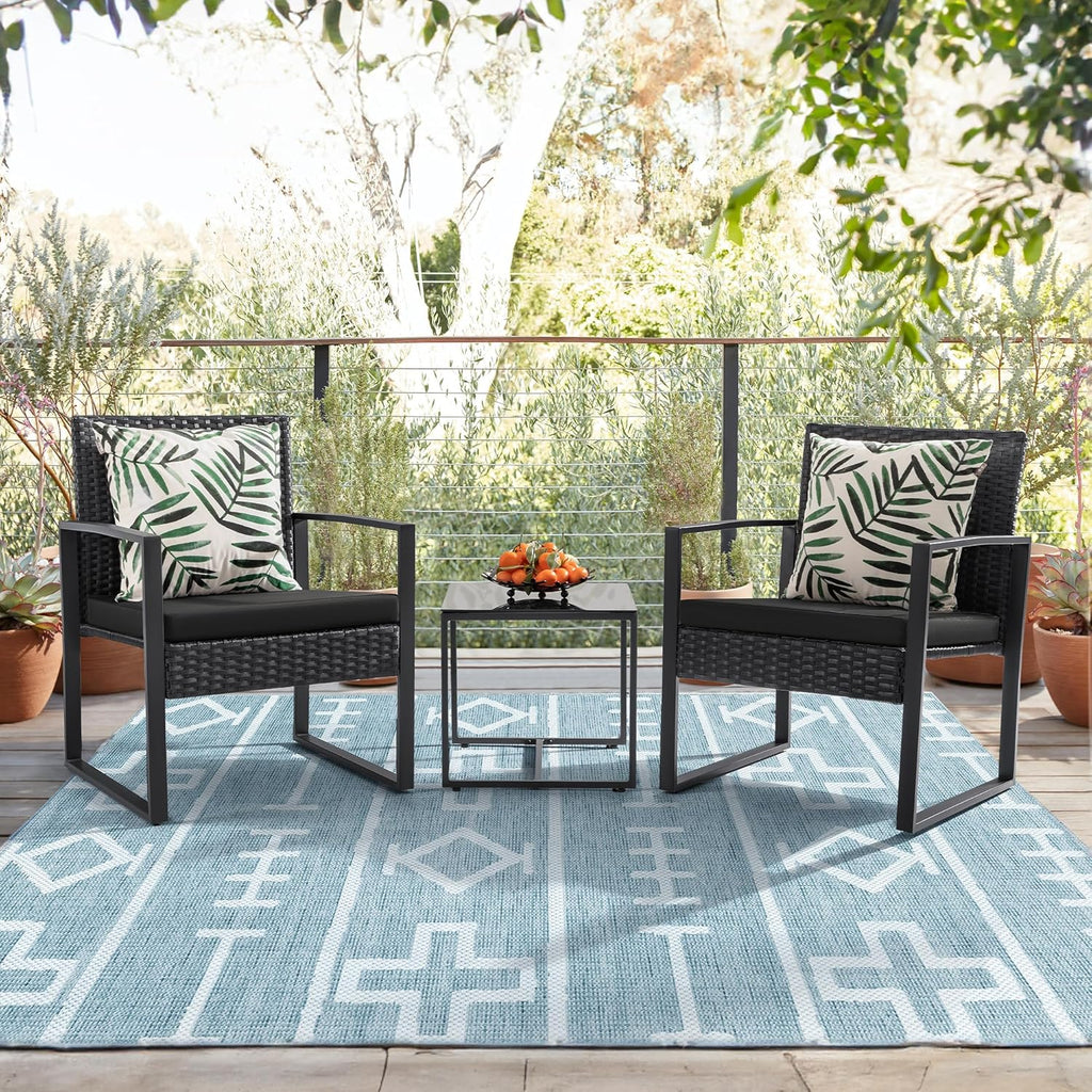 Flamaker 3 Pieces Patio Set Outdoor Wicker Furniture Sets Modern Rattan Chair Conversation Sets with Coffee Table for Yard and Bistro (Black) wourant