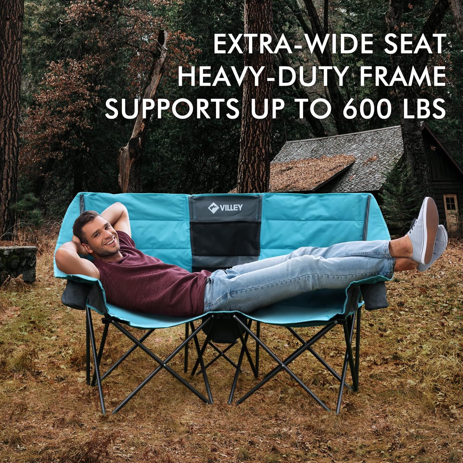 Double camping chair (with cooler bag), extra wide love seat, heavy duty padded camping sofa, portable folding chair wourant