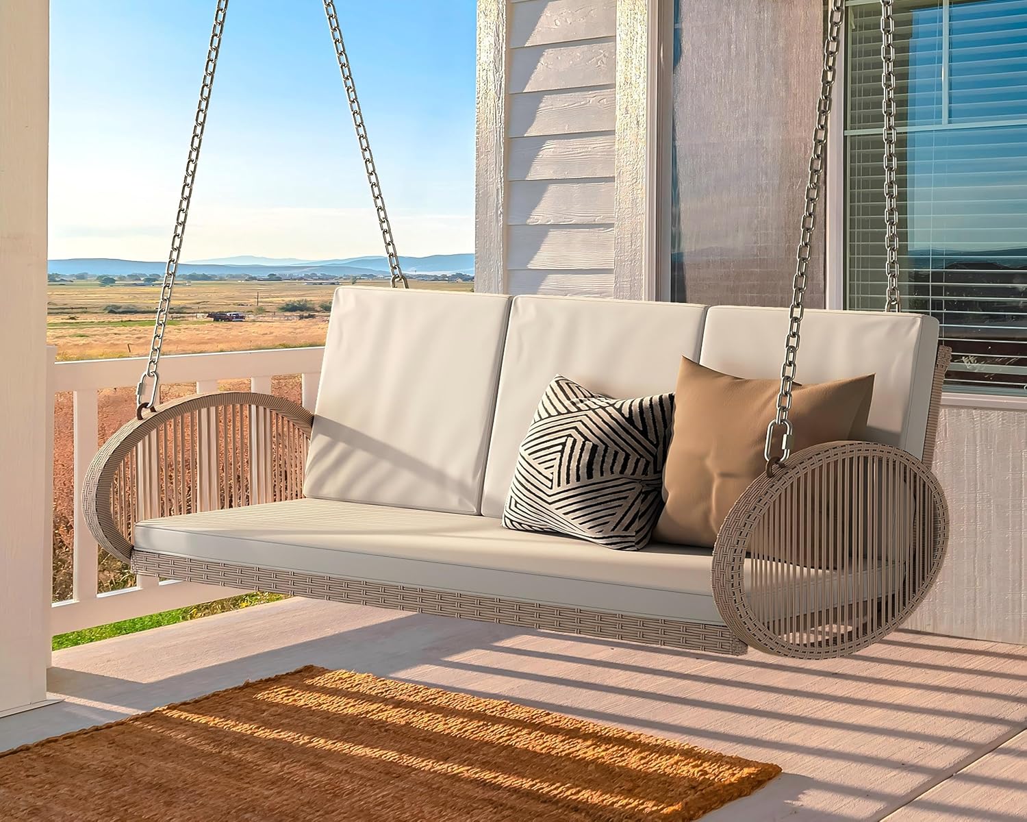 YITAHOME Hanging Porch Swing Chair Sits 3 People, Wicker Outdoor Swing Bench, Patio Lounge Chair, 1 Seating Cushion and 3 Back Cushions, w/Removable Covers, for Garden, Balcony, Backyard, Brown wourant