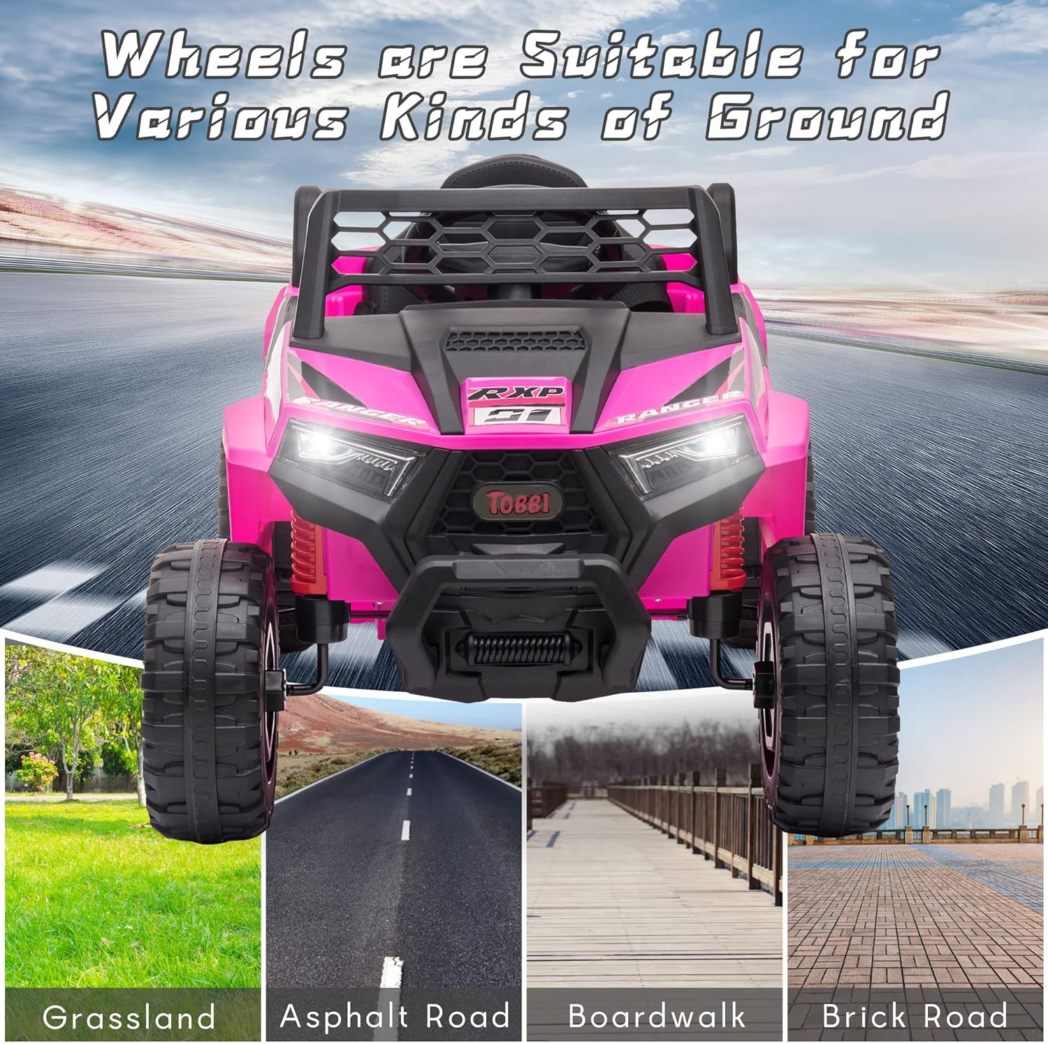 TOBBI 12V Kids Ride on Car, Electric Off-Road UTV Truck with Diverse Functions, Double Open Doors, Safety Belt, Horn, Music, and Lights for Kids Aged 3-5 Years (Rose Red) wourant