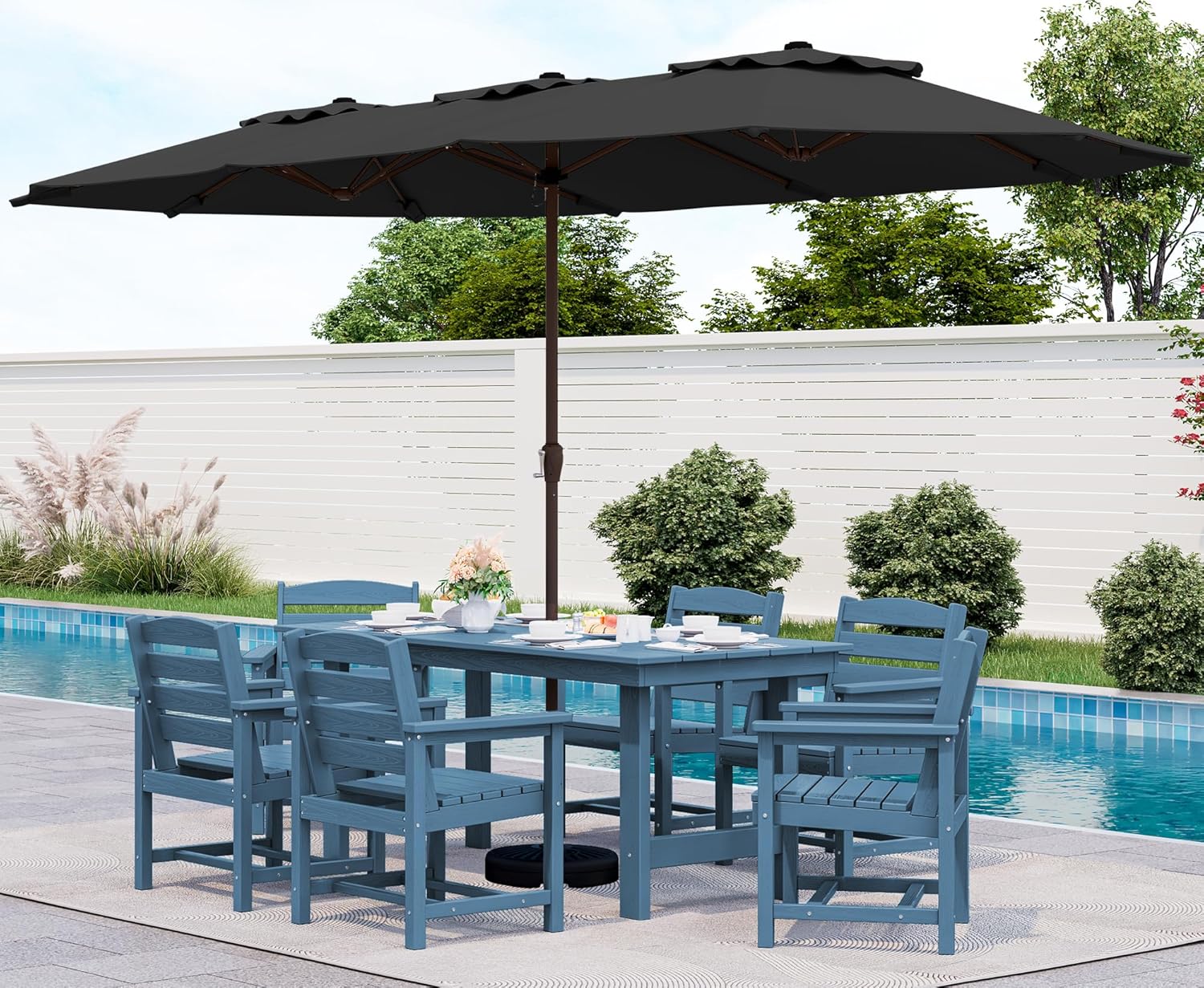 Outdoor HDPE Dining Table Set, 7-Piece Outdoor Dining Table Sets with Umbrella Hole Cut-Out Table and 6 Chairs wourant
