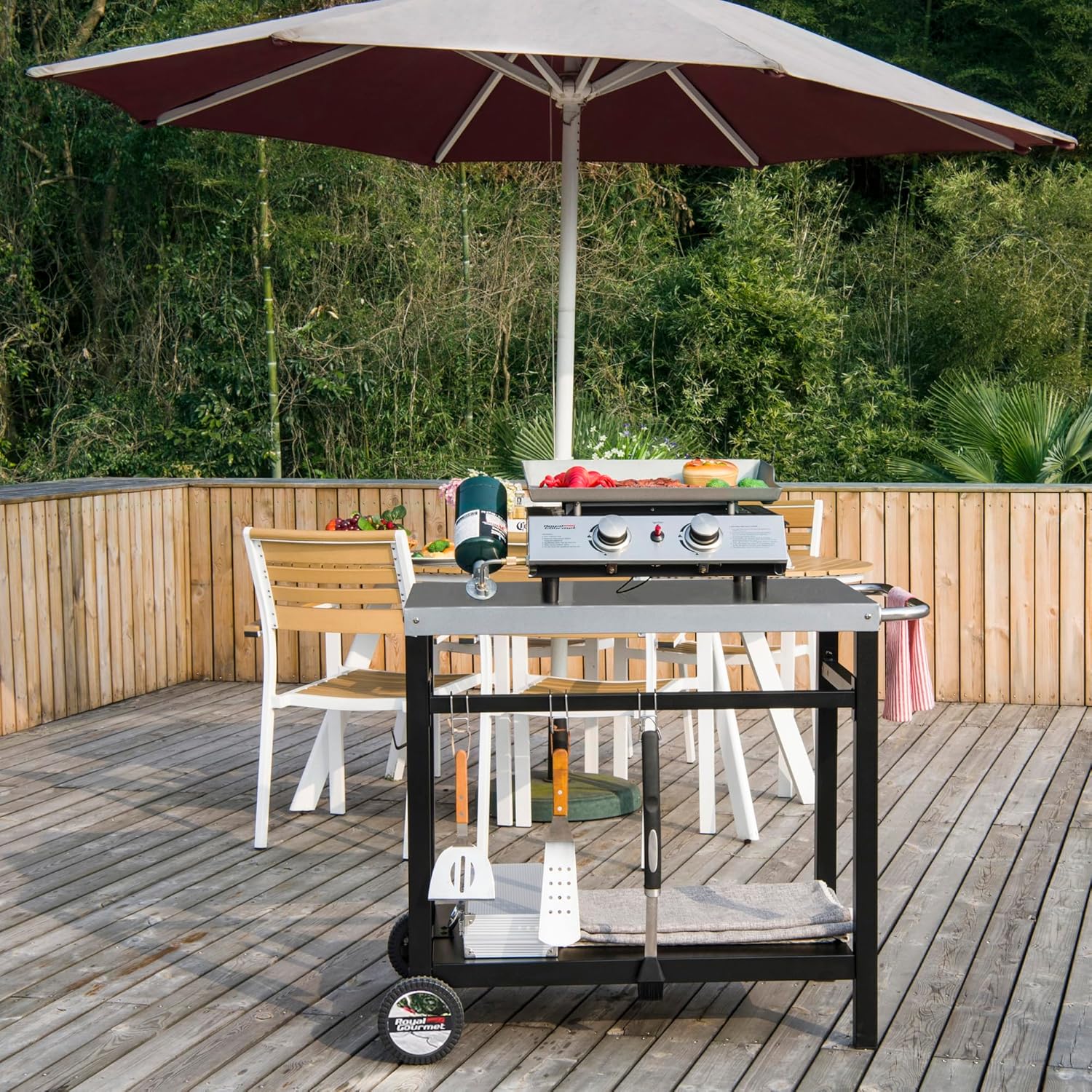 Royal Gourmet Dining Cart Table with Double-Shelf, Movable Stainless Steel Flattop Grill Cart, Hooks, Side Handle, Multifunctional PC3401B (Black) wourant