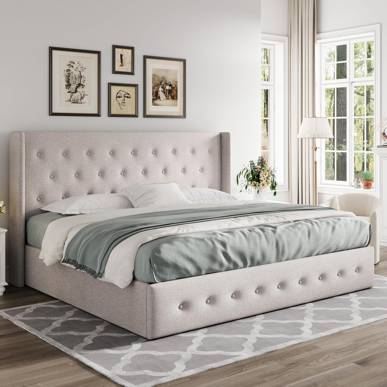 Allewie Queen Size Lift Up Storage Bed Modern Wingback Headboard Hydraulic Support wourant