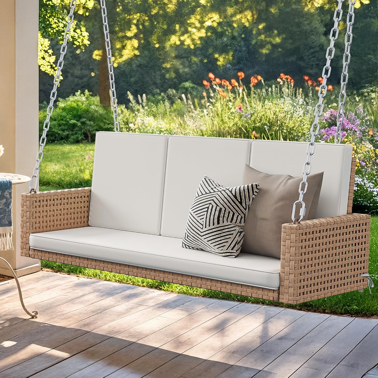 YITAHOME Hanging Porch Swing Chair Sits 3 People, Wicker Outdoor Swing Bench, Patio Lounge Chair, 1 Seating Cushion and 3 Back Cushions, w/Removable Covers, for Garden, Balcony, Backyard, Brown wourant