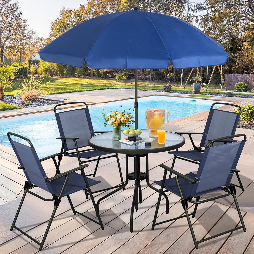 Vongrasig 6 Piece Folding Patio Dining Set,Small Metal Outdoor Garden Patio Table and Chair Set w/Umbrella for Lawn,Deck,Backyard,Black wourant