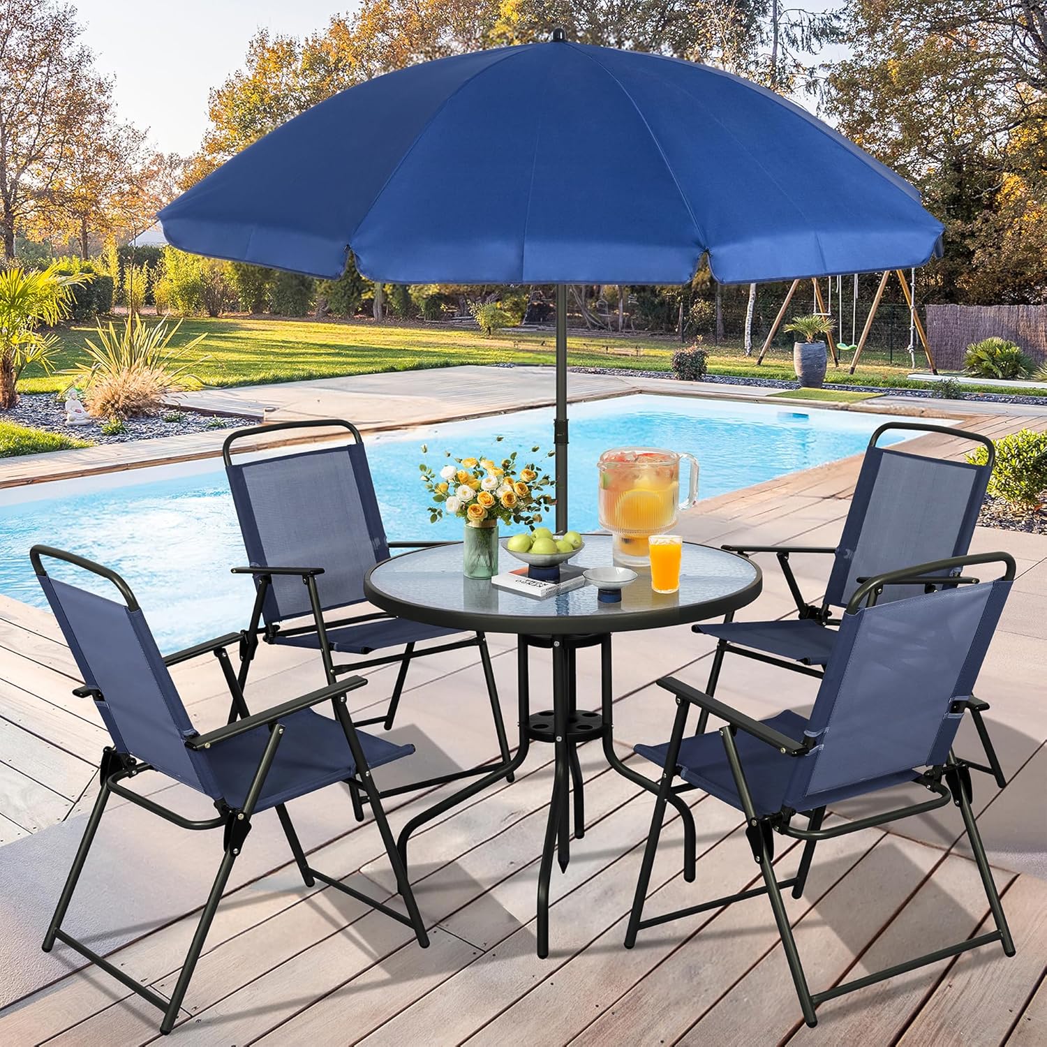 Vongrasig 6 Piece Folding Patio Dining Set,Small Metal Outdoor Garden Patio Table and Chair Set w/Umbrella for Lawn,Deck,Backyard,Black wourant