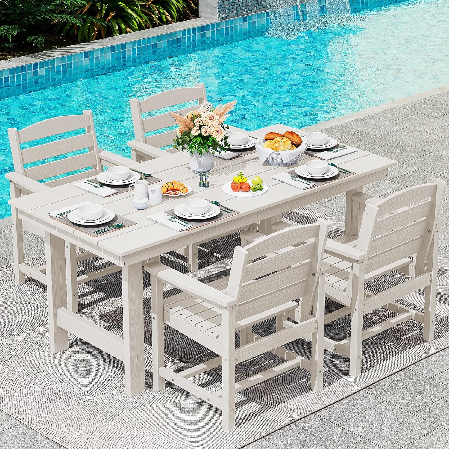 Outdoor HDPE Dining Table Set, 7-Piece Outdoor Dining Table Sets with Umbrella Hole Cut-Out Table and 6 Chairs wourant