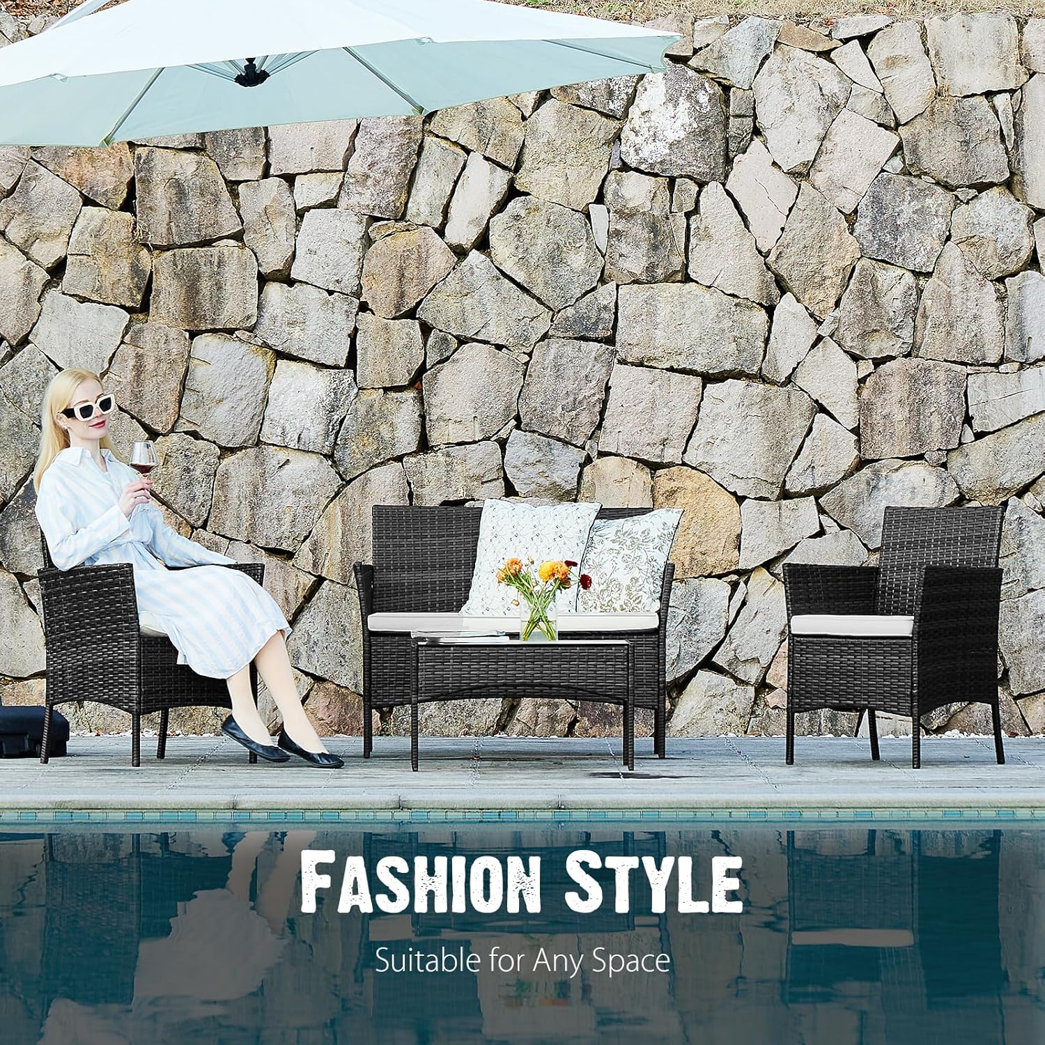 Sweetcripy Patio Furniture Set 3 Pieces, Outdoor Furniture with Soft Cushion and Glass Table, All Weather Manual Weaving Wicker Rattan Patio Chairs for Garden, Terrace, Porch(Black and Beige) wourant