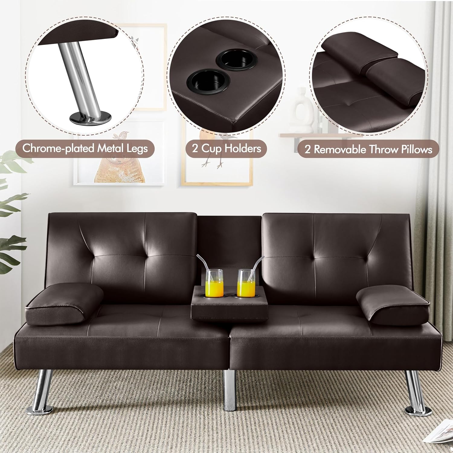 Yaheetech Convertible Sofa Bed Adjustable Couch Sleeper Modern Faux Leather Home Recliner Reversible Loveseat Folding Daybed Guest Bed, Removable Armrests, Cup Holders, 3 Angles, 772lb Capacity, Brown wourant