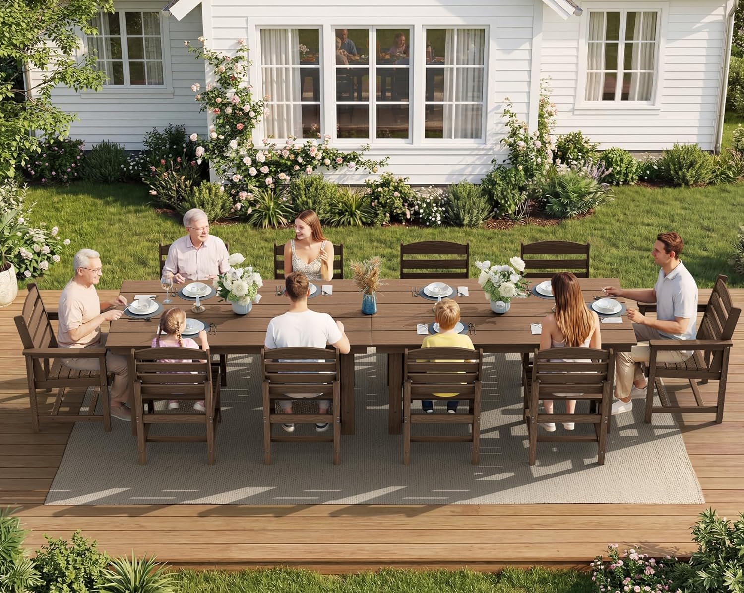 SERWALL 7-Piece Patio Dining Table Sets, Outdoor HDPE Dining Furniture Set with Umbrella Hole Cut-Out Table and 6 Chairs, Blue woonhhop