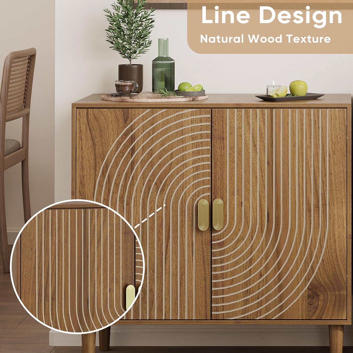 Walnut sideboard, freestanding dining cabinet with cable channel design, wooden storage cabinet with adjustable shelves wourant