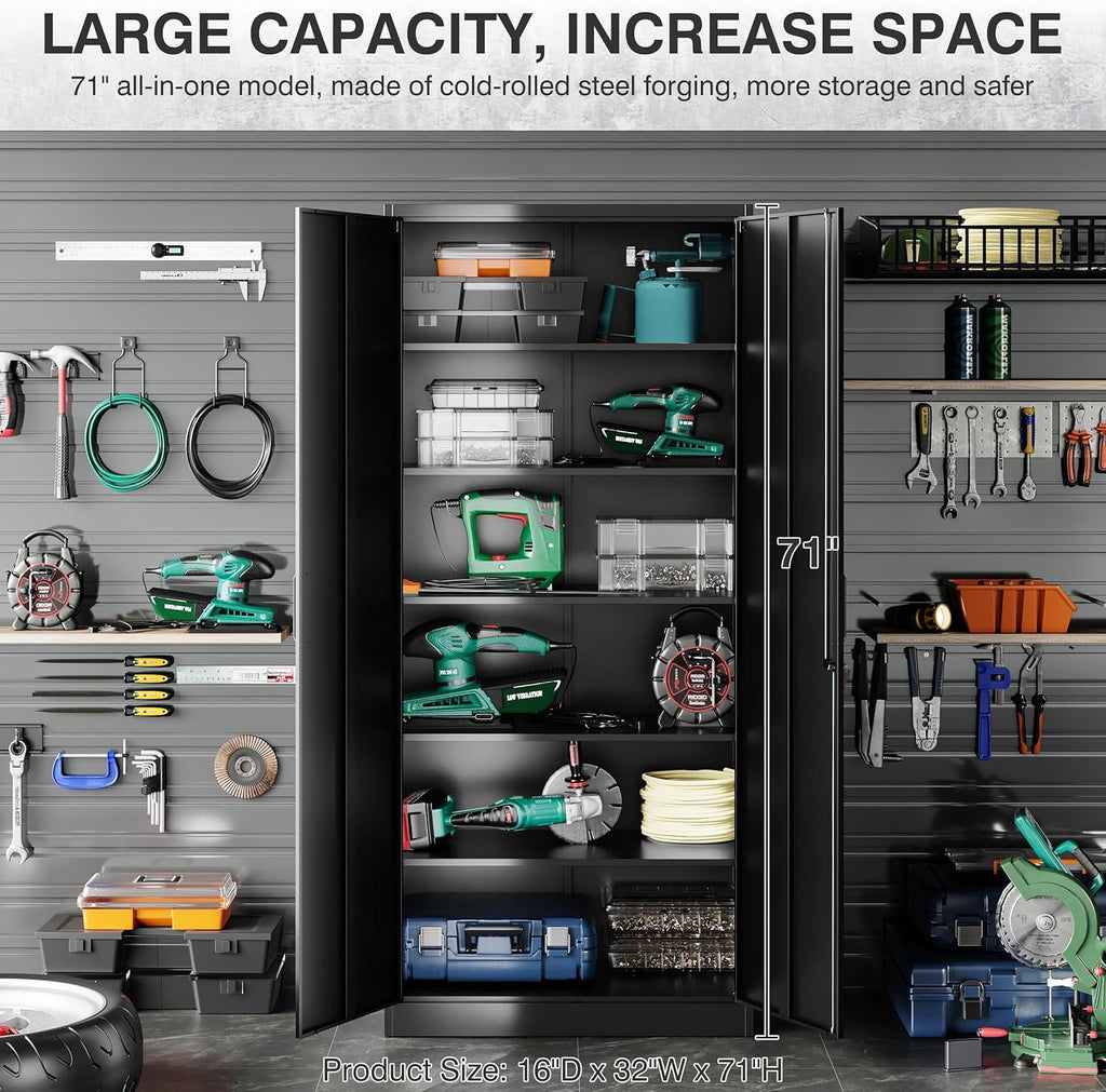 Metal Storage Cabinet with 2 Doors and 6 Shelves, Black Metal Cabinet with Lock, 71 Inch Lockable Garage Storage Cabinet wourant