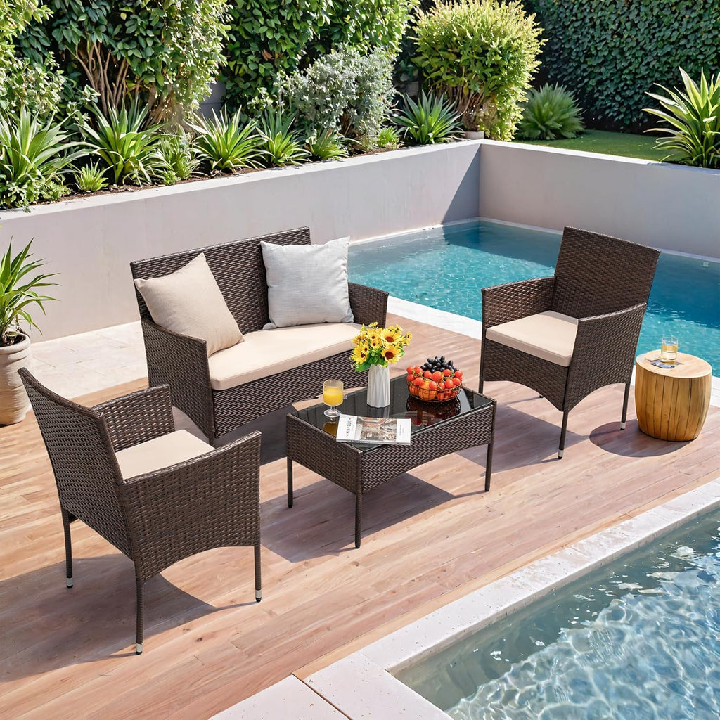 Homall 4 Pieces Outdoor Patio Furniture Sets Rattan Chair Wicker Set, Outdoor Indoor Use Backyard Porch Garden Poolside Balcony Furniture Sets (Grey) wourant