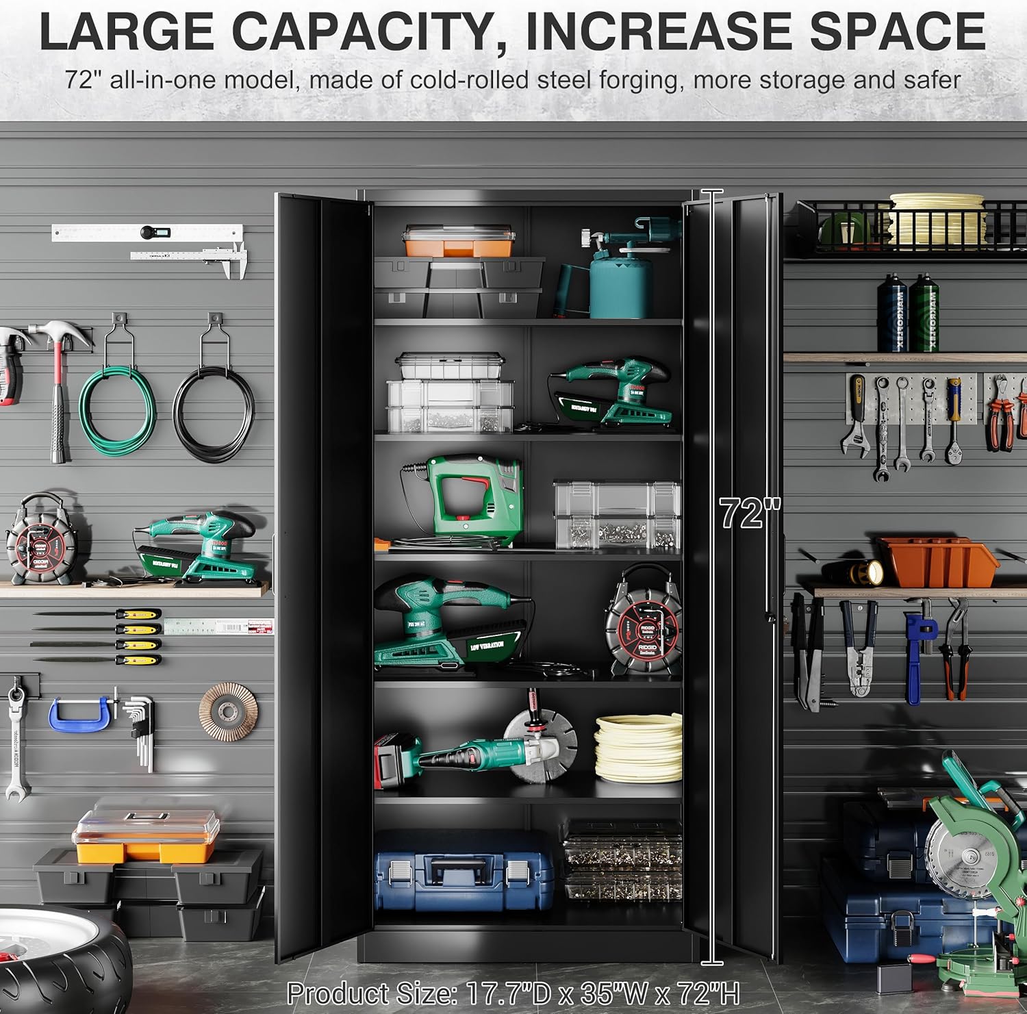 Metal Storage Cabinet with 2 Doors and 6 Shelves, Black Metal Cabinet with Lock, 71 Inch Lockable Garage Storage Cabinet wourant
