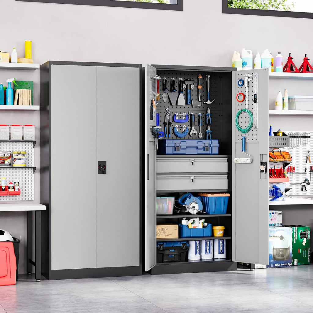 Yizosh Metal Garage Storage Cabinet with Locking Doors and 2 Drawers, Heavy Duty Steel Tool Cabinet with Pegboard, 71" - Lockable Cabinets wourant