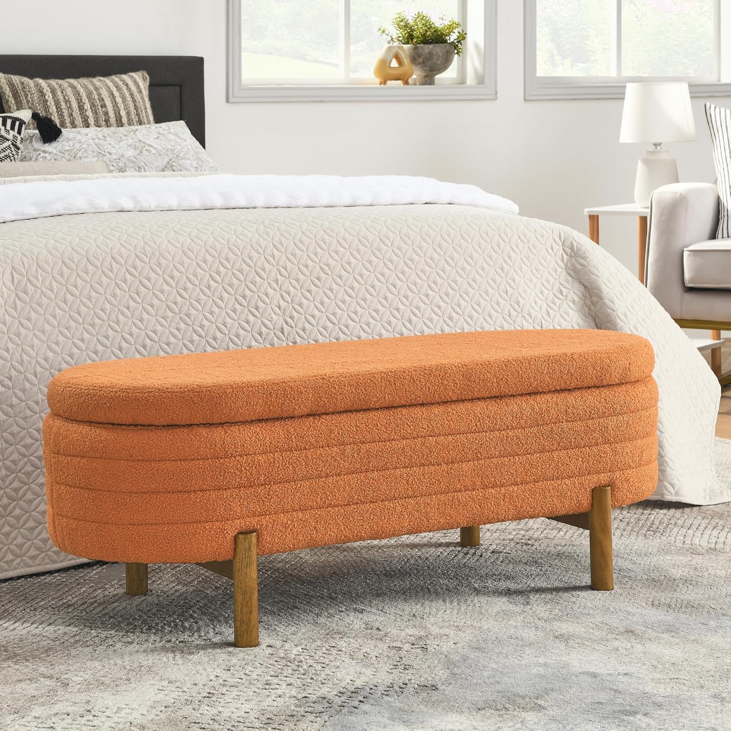 Furniliving Modern Storage Ottoman Bench, Sherpa Ottoman End of Bed Bench with Solid Wood Legs Upholstered Ottoman Benches with Storage Indoor Bench wourant