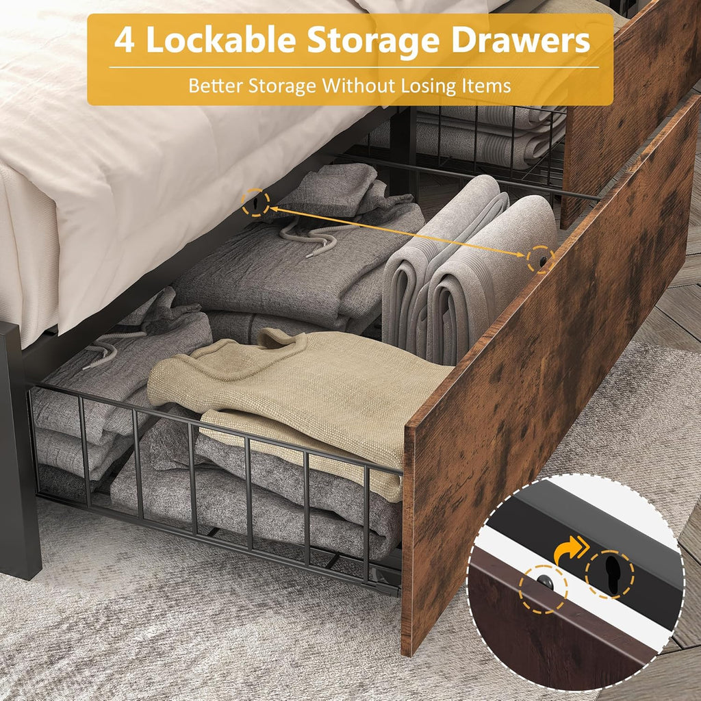 Lifezone Queen Bed Frame with 2-Tier Storage Headboard, Metal Platform Bed Frame with 4 Storage Drawers, Built in Charging Station & LED, Noise-Free/Metal Support/No Box Spring Needed wourant