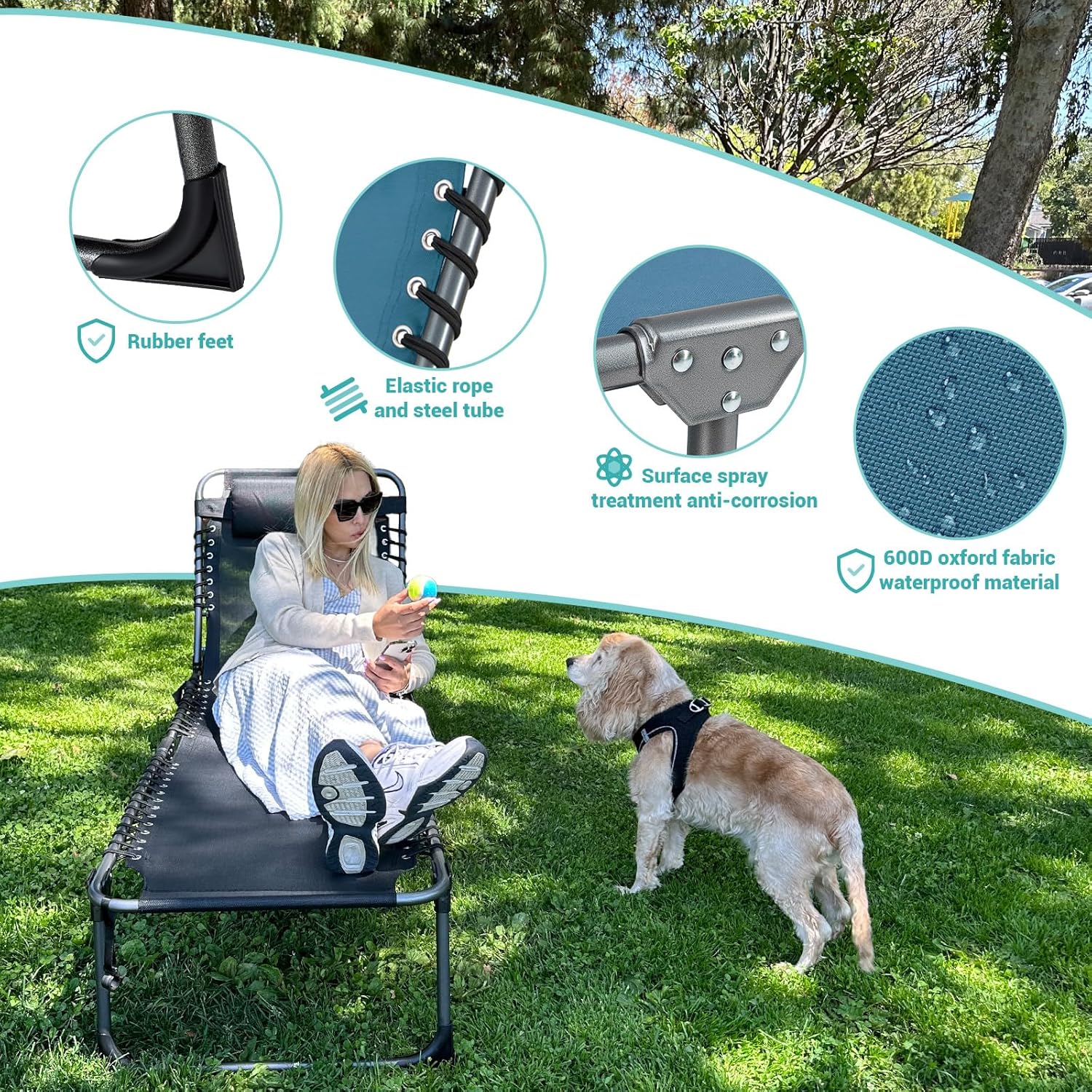 2 Pack Outdoor Chaise Lounge Chair - Portable Folding Patio Pool Lounge Chair, 5 Positions Adjustable Reclining Camping Chair with Side Table,Shoulder Strap, Pillow for Beach Sunbathing Lawn wourant
