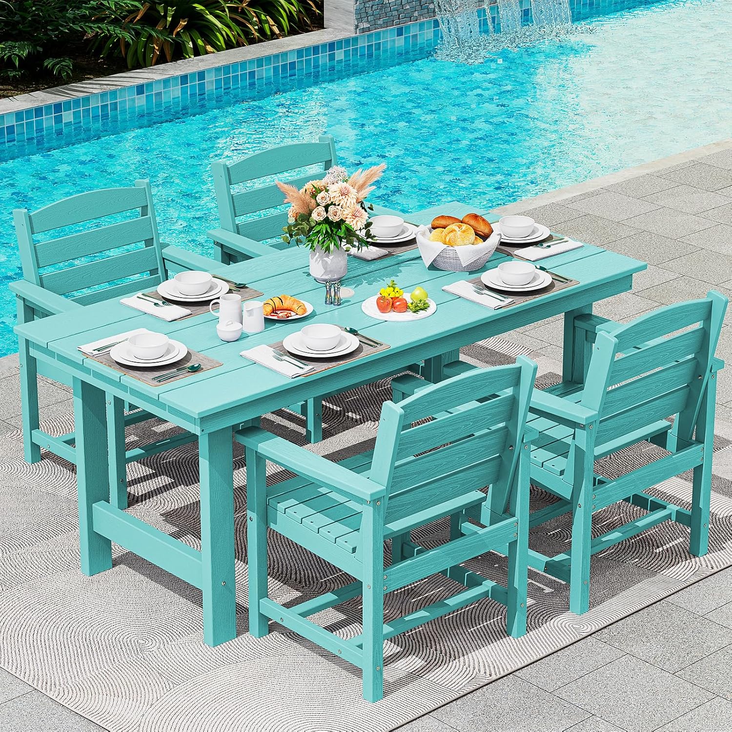 Outdoor HDPE Dining Table Set, 7-Piece Outdoor Dining Table Sets with Umbrella Hole Cut-Out Table and 6 Chairs wourant