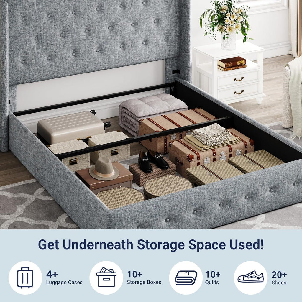 Allewie Queen Size Lift Up Storage Bed Modern Wingback Headboard Hydraulic Support wourant