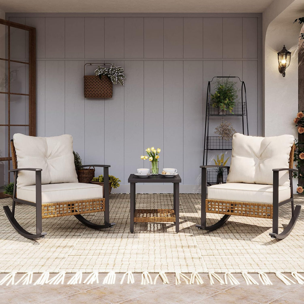 LAUSAINT HOME 3 Piece Rocking Bistro Set Outdoor Patio Furniture Oversize Rattan Conversation Set wourant