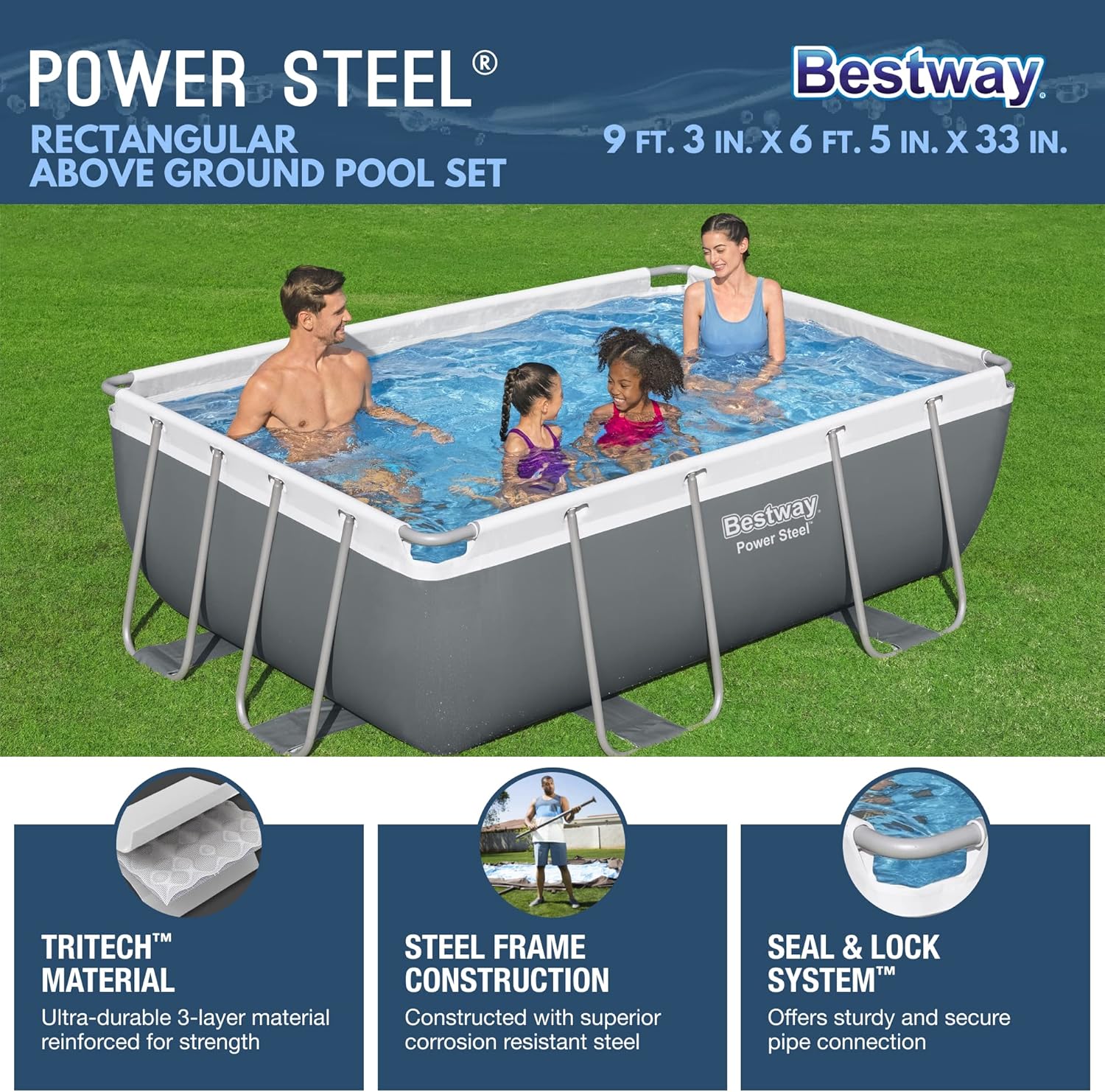Power Steel 14' x 8'2" x 39.5" Oval Above Ground Pool Set | Includes 530gal Filter Pump, Ladder, ChemConnect Dispener wourant